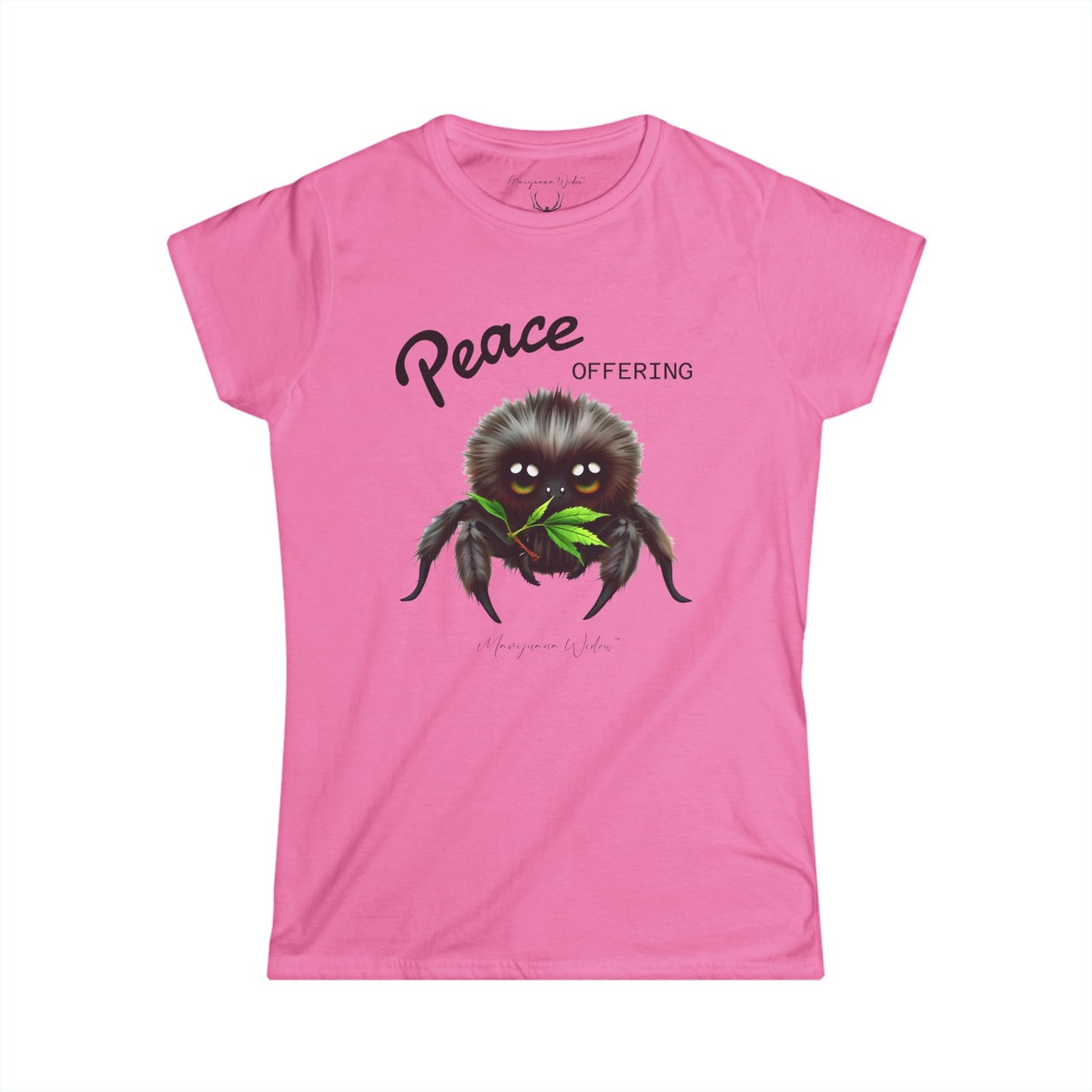 Cute Fluffy Spider Tee — Big‑Eyed Spider Holding Green Marijuana Leaves - Women's Tee