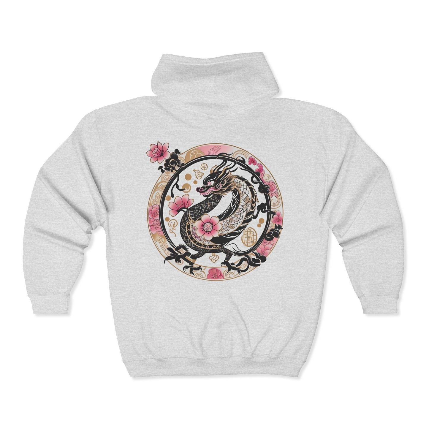 Dragon Sakura Zip Hoodie — Japanese Floral Dragon Full-Zip Unisex Sweatshirt