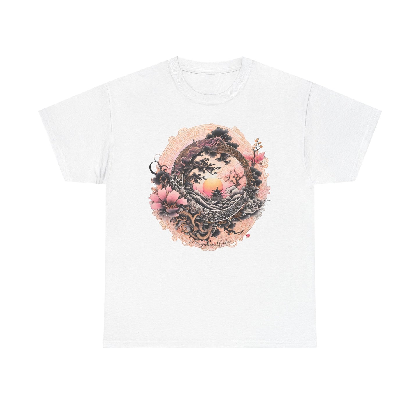 Sunset Pagoda — Vintage Pagoda with Cherry Blossoms - Unisex T-shirt