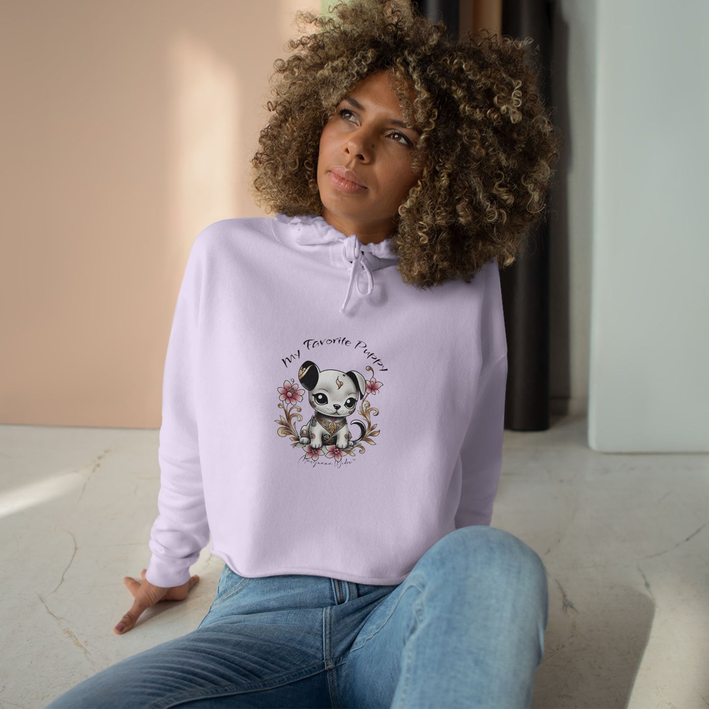 My Favorite Puppy - Crop Hoodie — Cute Kawaii Puppy with Pink Flowers - Women's Crop Hoodie