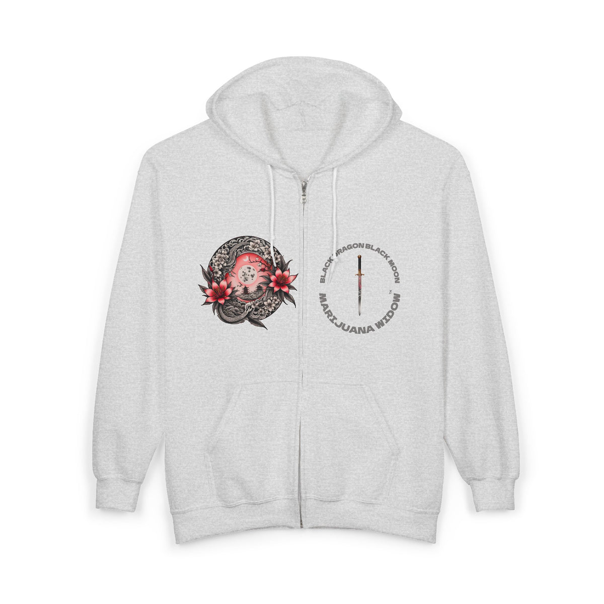 Black Dragon, Black Moon - Dragon Dagger Zip Hoodie – Sakura Sword Back Graphic - Marijuana Widow
