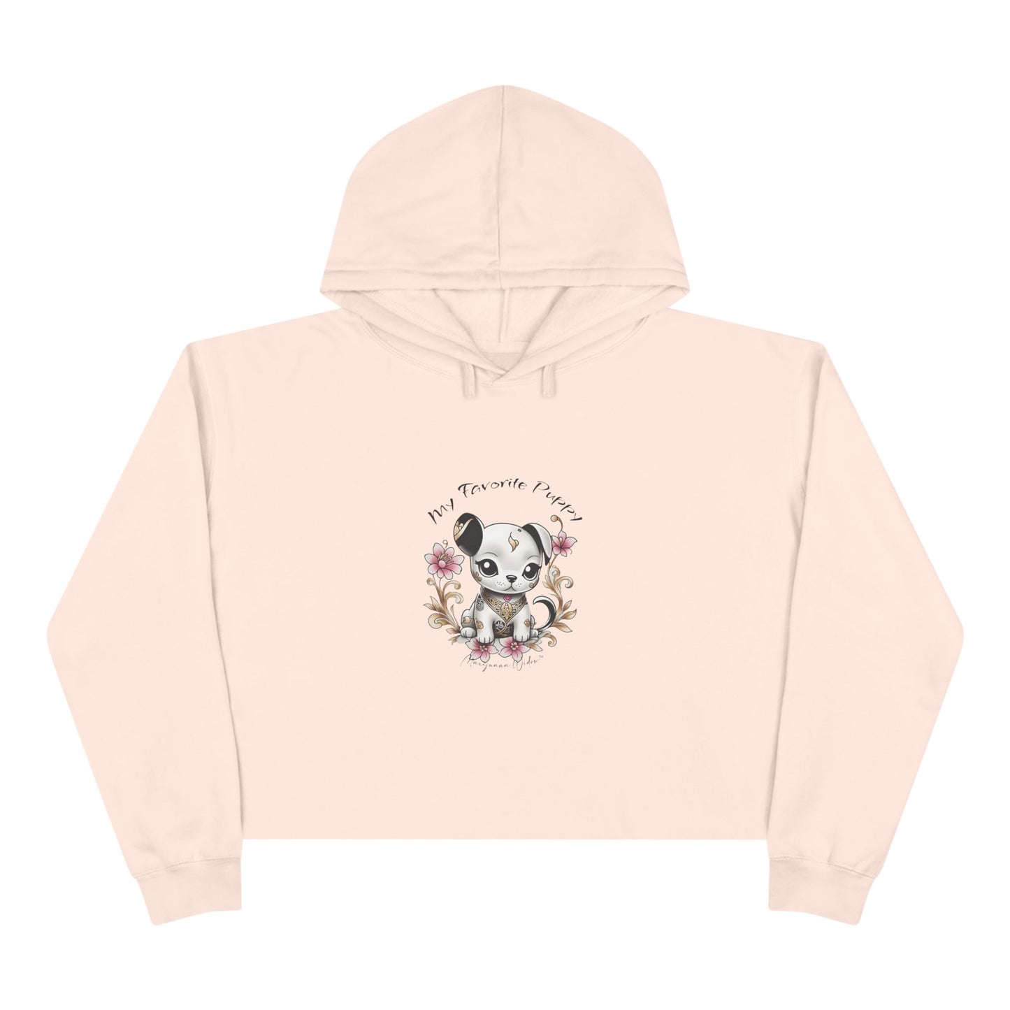 My Favorite Puppy - Crop Hoodie — Cute Kawaii Puppy with Pink Flowers - Women's Crop Hoodie