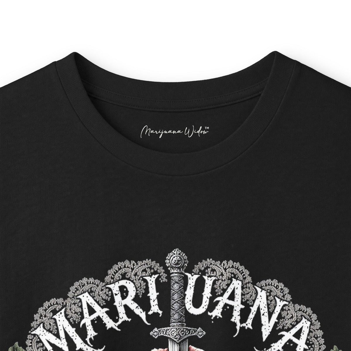 Knives and Roses Petal Pink Long Sleeve Tee — Pink Roses and Skulls with Sword Graphic - Marijuana Widow