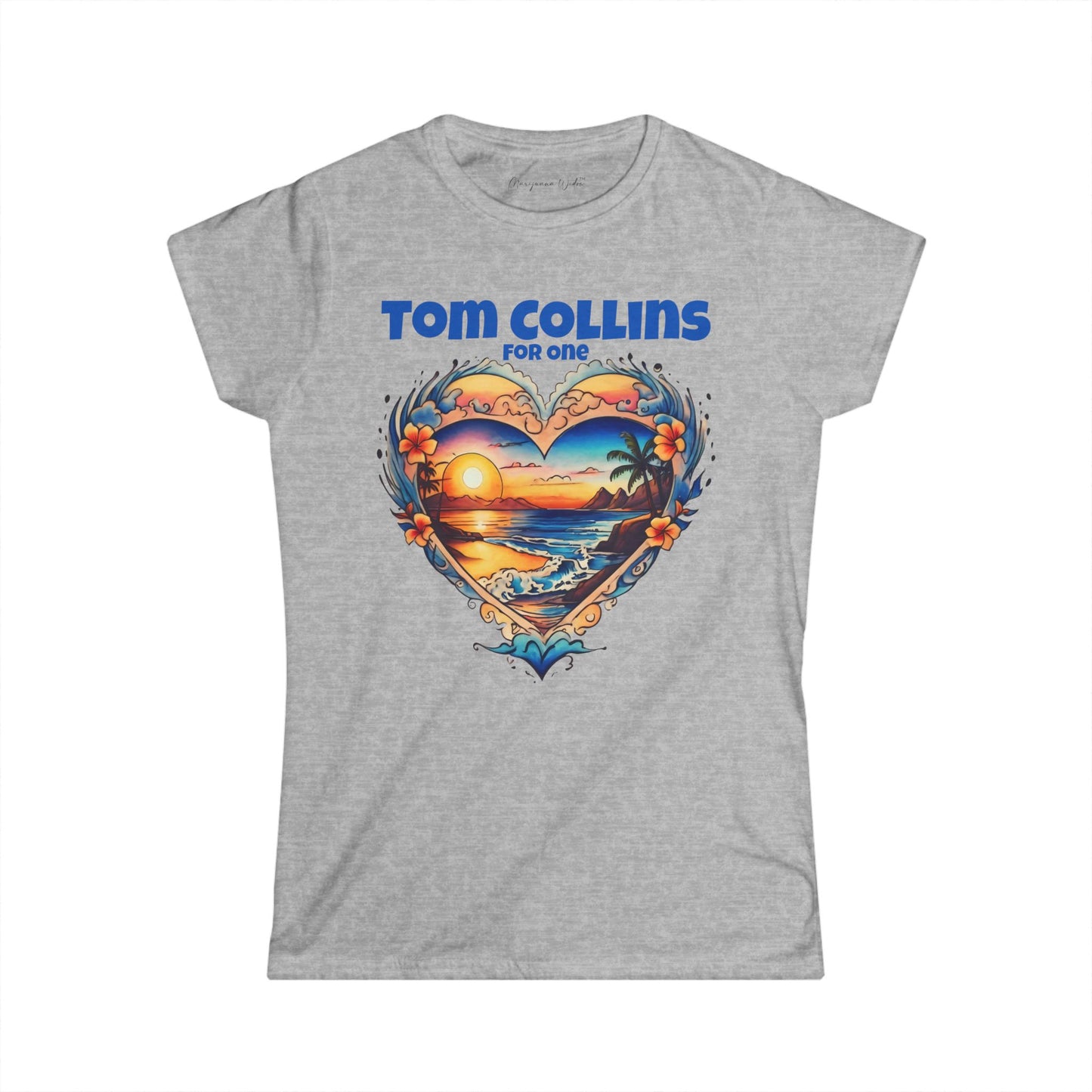 Tom Collins For One - Sunset Heart Women's T‑Shirt — Tropical Beach Graphic Tee