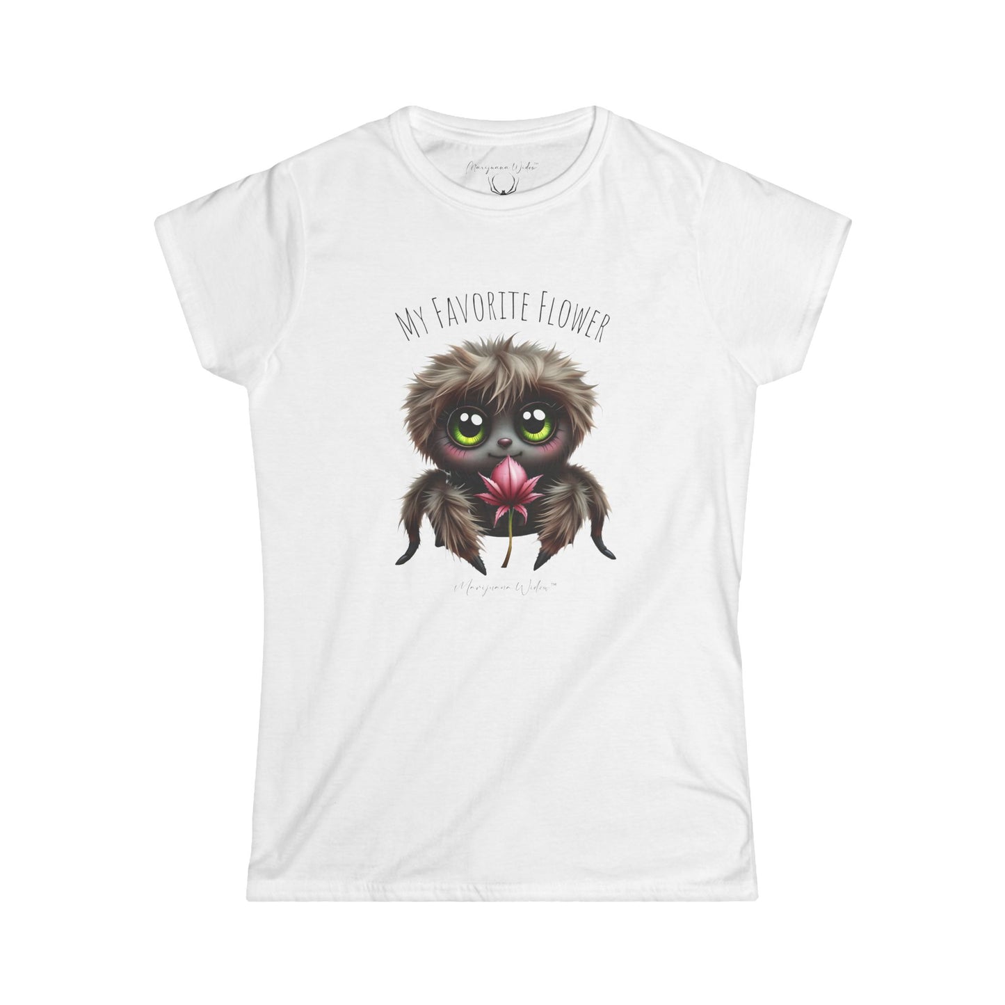 Cute Fluffy Spider Tee — Big-Eyed Spider Holding Pink Marijuana Leaf - Women's Tee