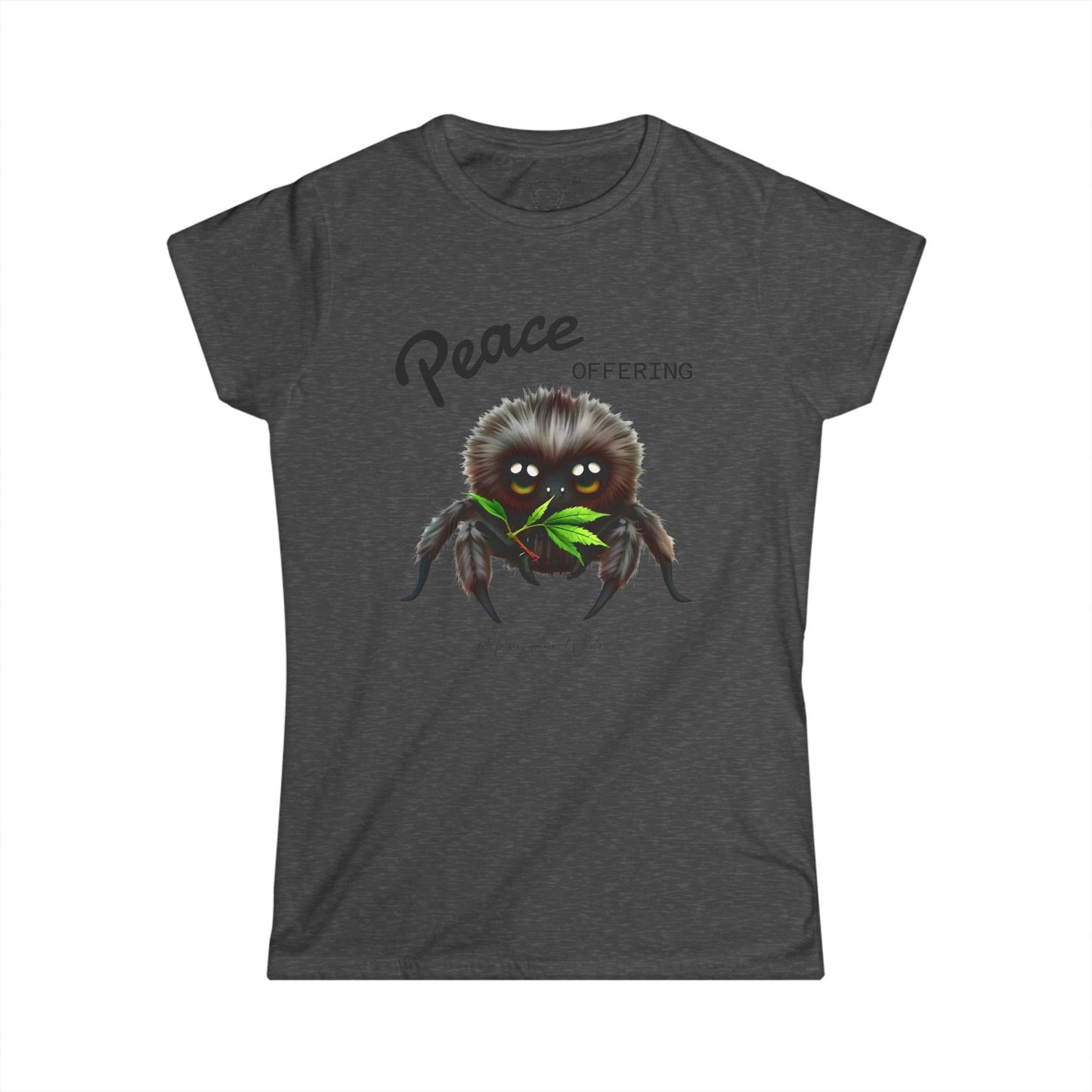 Cute Fluffy Spider Tee — Big‑Eyed Spider Holding Green Marijuana Leaves - Women's Tee