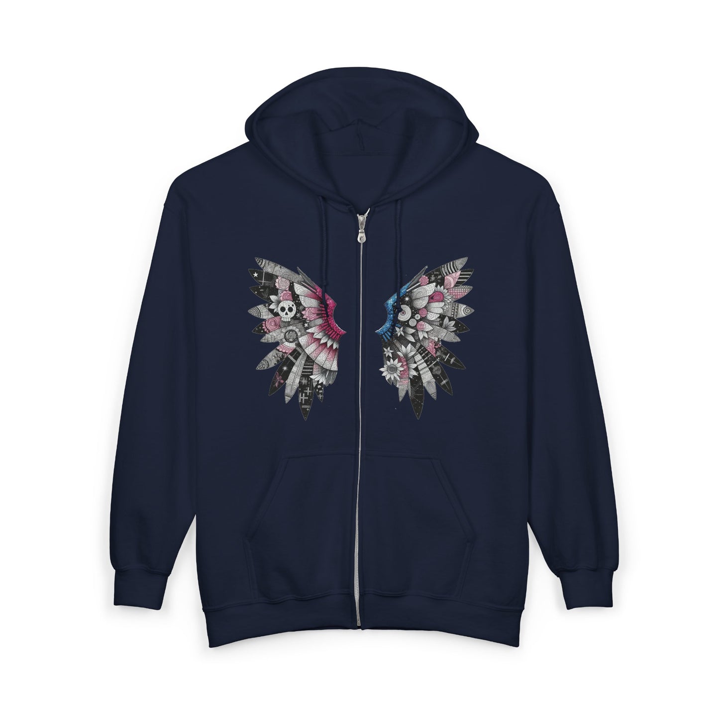 Angel Wings — Floral Skull Back Graphic - Full-Zip Hoodie