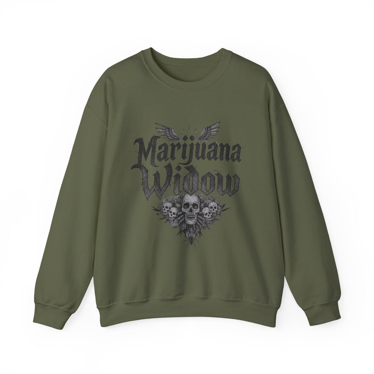 Marijuana Widow Gothic Angel Wings Sweatshirt - Wings Skulls Graphic Front and Back - Marijuana Widow