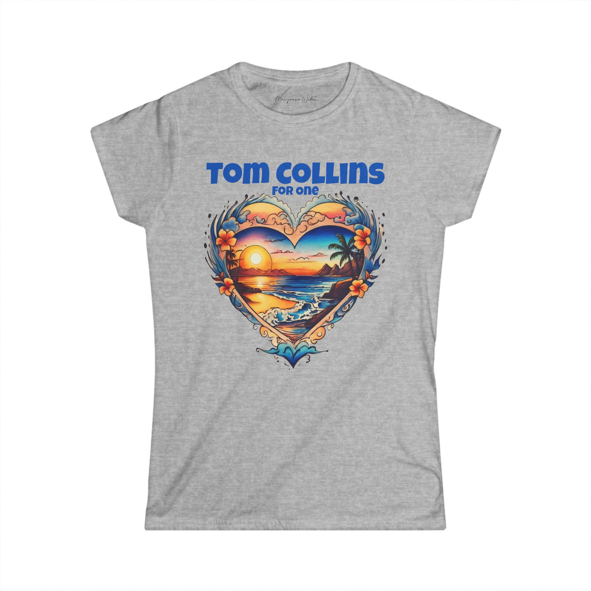 Tom Collins For One - Sunset Heart Women's T‑Shirt — Tropical Beach Graphic Tee - Marijuana Widow