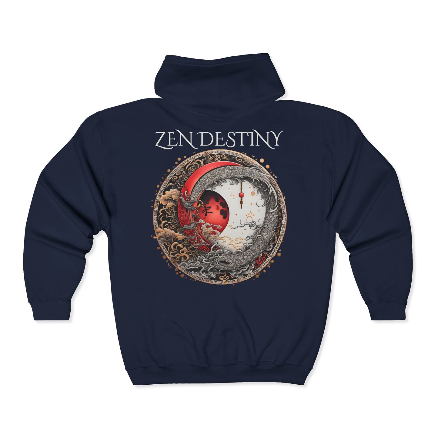 Zen Destiny - Moon & Butterfly Zip Hoodie — Japanese-Inspired Crescent Moon Graphic Zip-Up Unisex Sweatshirt