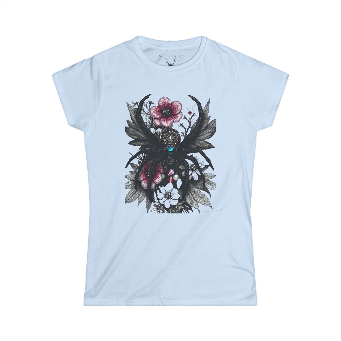 Bejeweled Black Widow Spider - Floral Leaves - Women's Tee