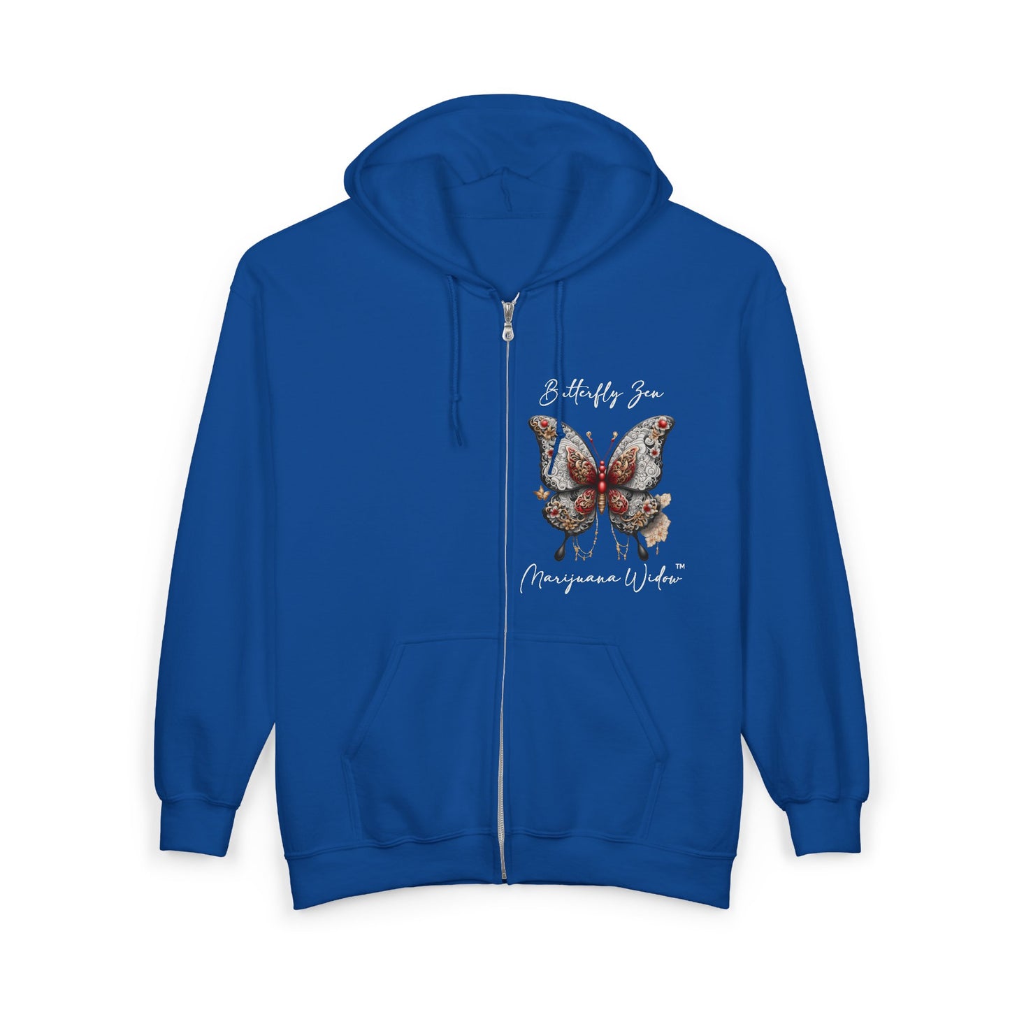 Zen Destiny - Moon & Butterfly Zip Hoodie — Japanese-Inspired Crescent Moon Graphic Zip-Up Unisex Sweatshirt