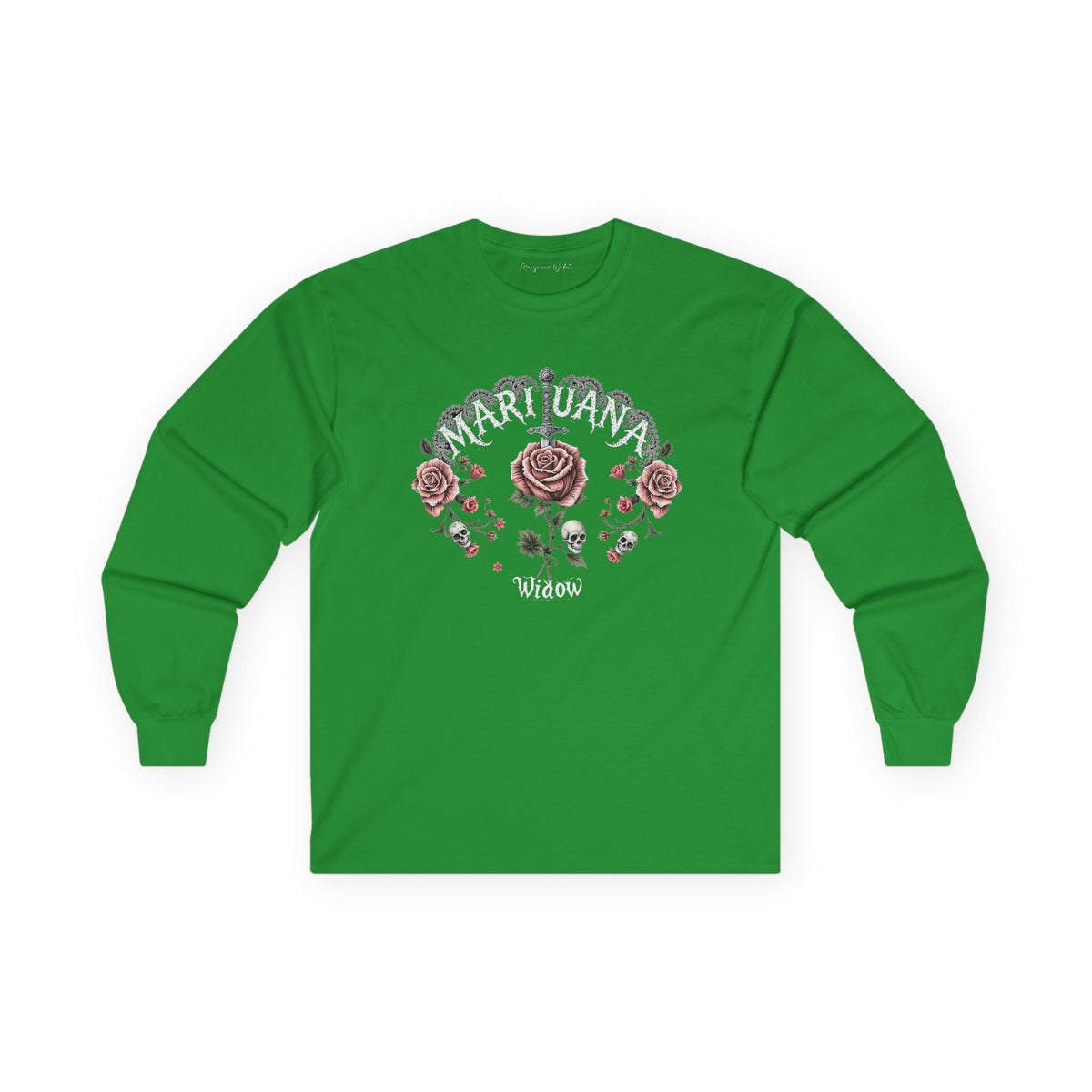 Knives and Roses Petal Pink Long Sleeve Tee — Pink Roses and Skulls with Sword Graphic - Marijuana Widow