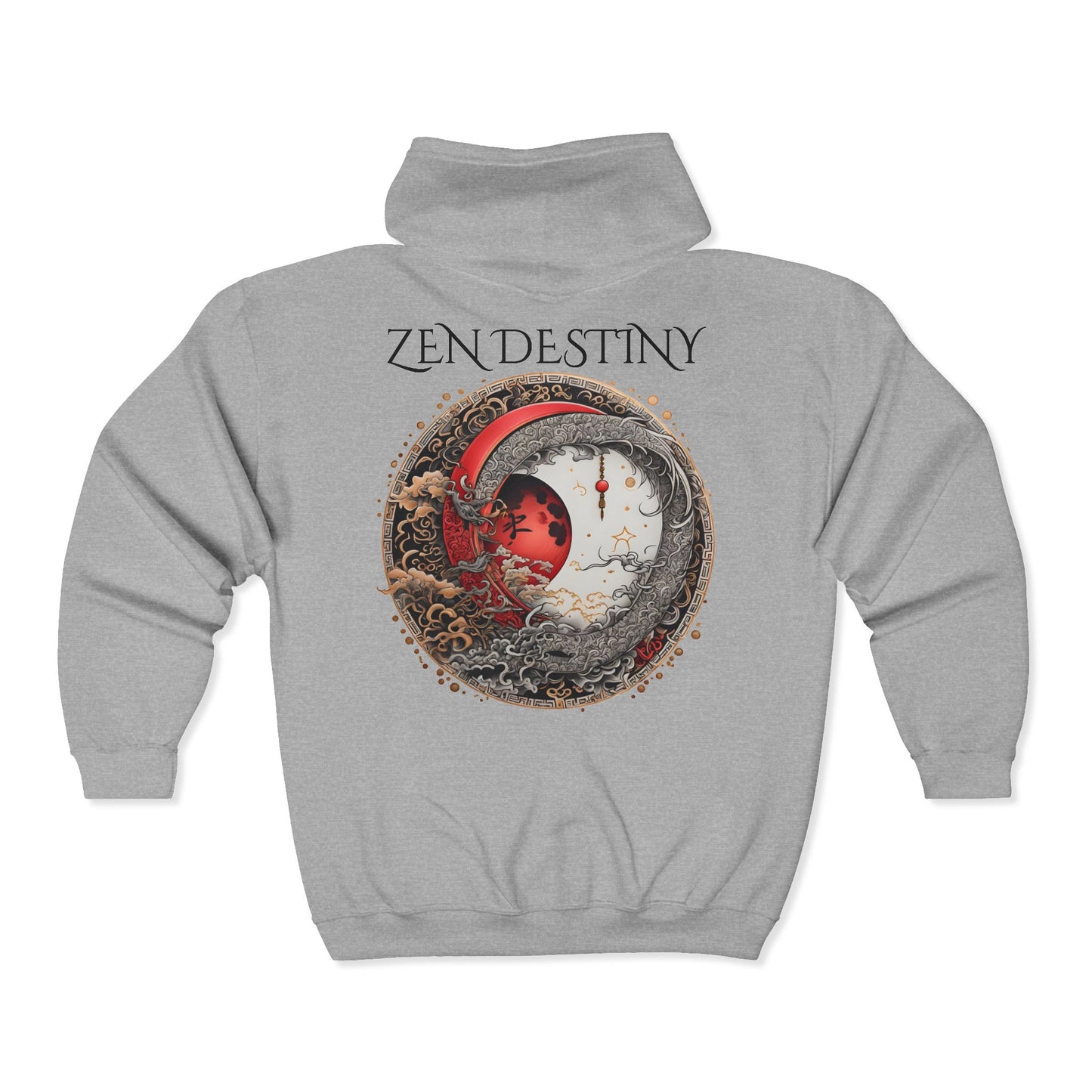 Zen Destiny - Moon & Butterfly Zip Hoodie — Japanese-Inspired Crescent Moon Graphic Zip-Up Unisex Sweatshirt