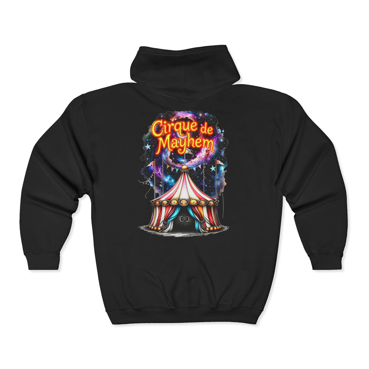 "Cirque de Mayhem" Zip Hoodie — Vintage Carnival Tent & Fairy Illustration - Front and Back Graphic - Marijuana Widow