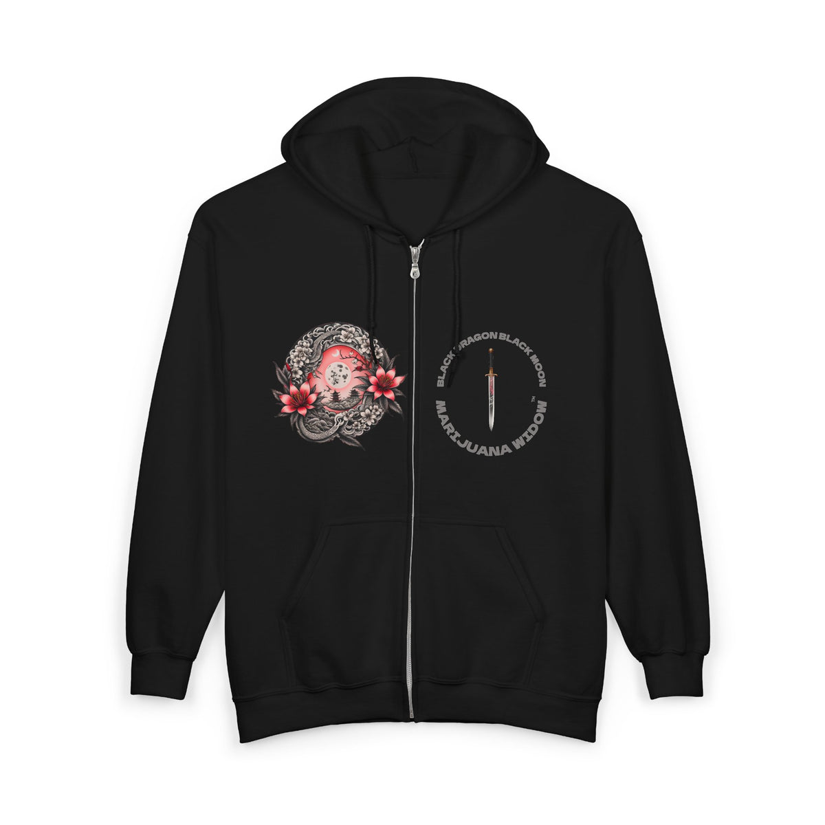 Black Dragon, Black Moon - Dragon Dagger Zip Hoodie – Sakura Sword Back Graphic - Marijuana Widow