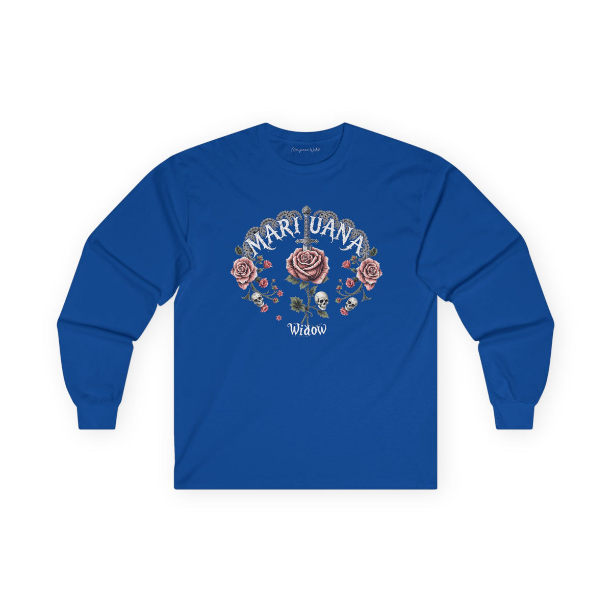 Knives and Roses Petal Pink Long Sleeve Tee — Pink Roses and Skulls with Sword Graphic - Marijuana Widow