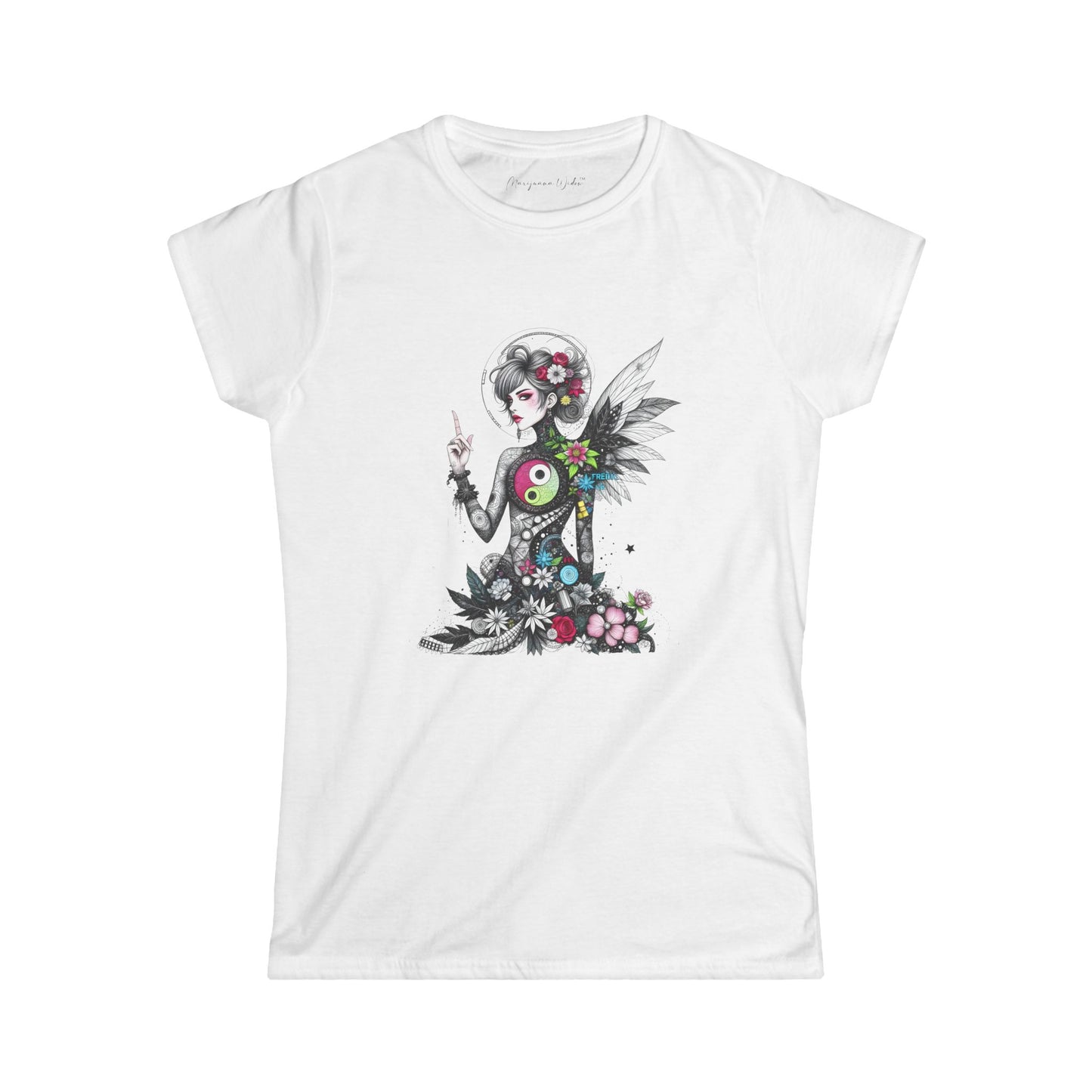 Angel Goddess Ying Yang — Whimsical Botanical Art Women's T-shirt