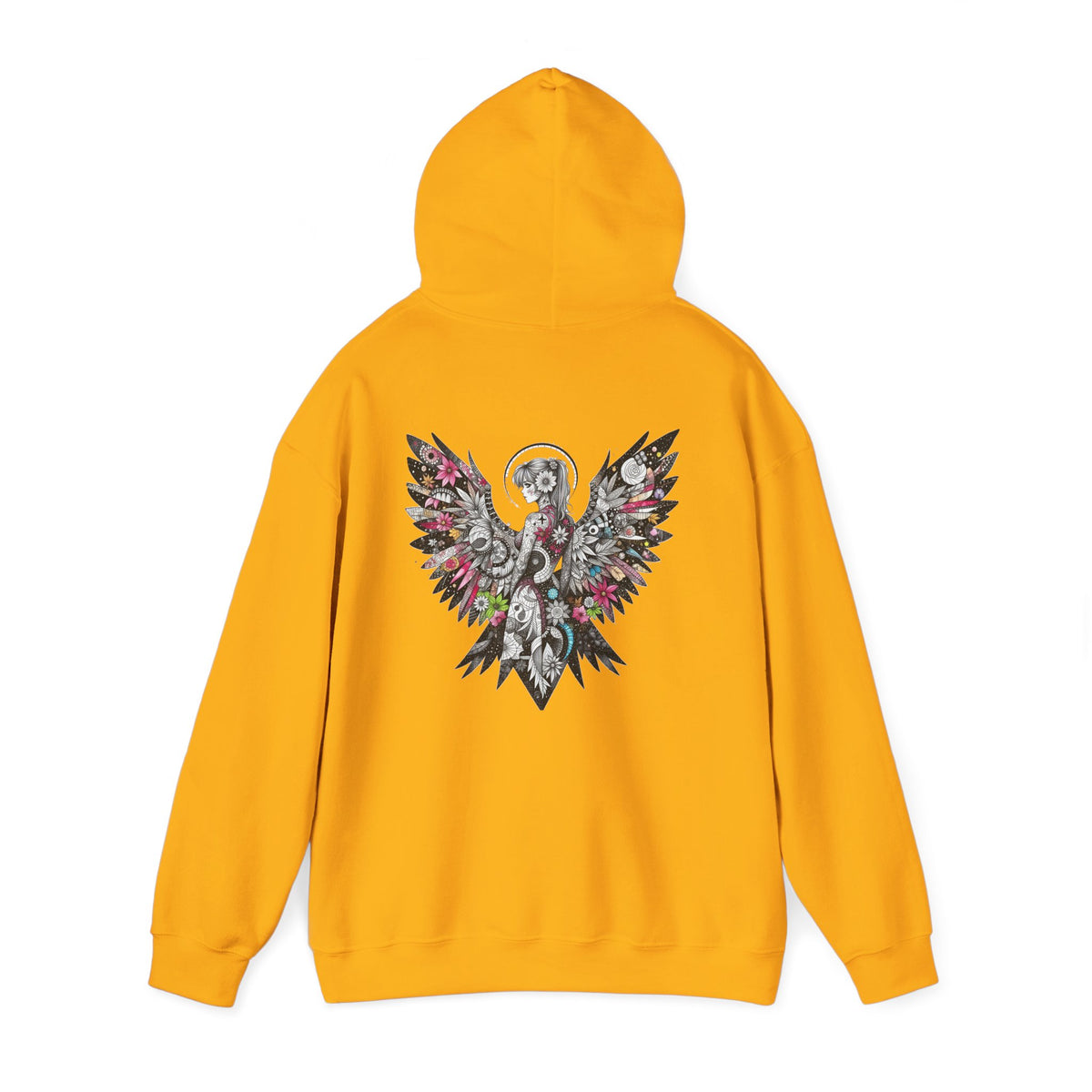Angel Wings - Floral Skull Raven Hoodie — Gothic Boho Wings Pullover Front and Back Graphic - Marijuana Widow