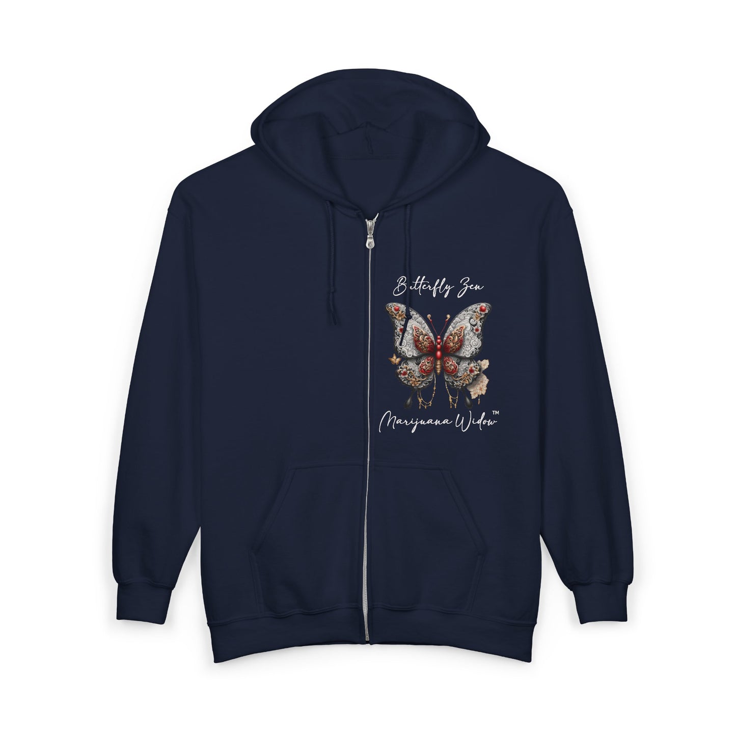 Zen Destiny - Moon & Butterfly Zip Hoodie — Japanese-Inspired Crescent Moon Graphic Zip-Up Unisex Sweatshirt