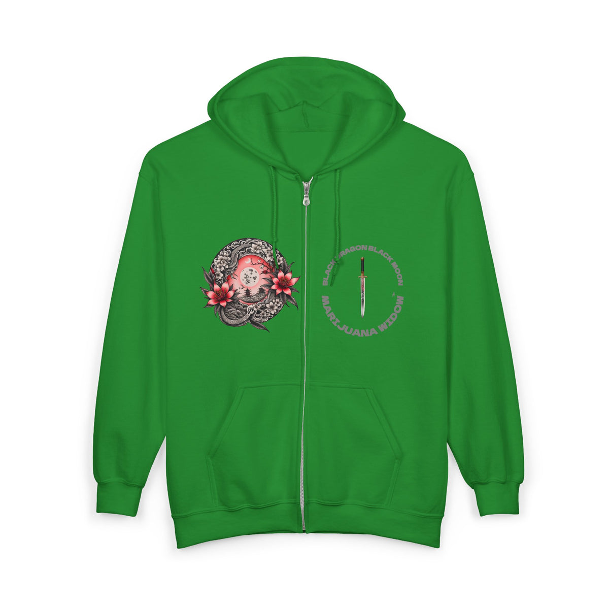 Black Dragon, Black Moon - Dragon Dagger Zip Hoodie – Sakura Sword Back Graphic - Marijuana Widow