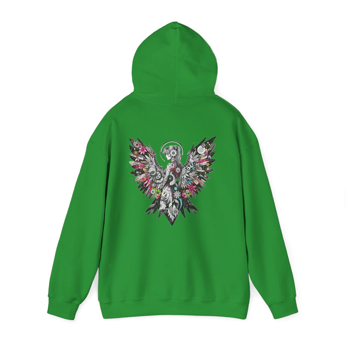 Angel Wings - Floral Skull Raven Hoodie — Gothic Boho Wings Pullover Front and Back Graphic - Marijuana Widow