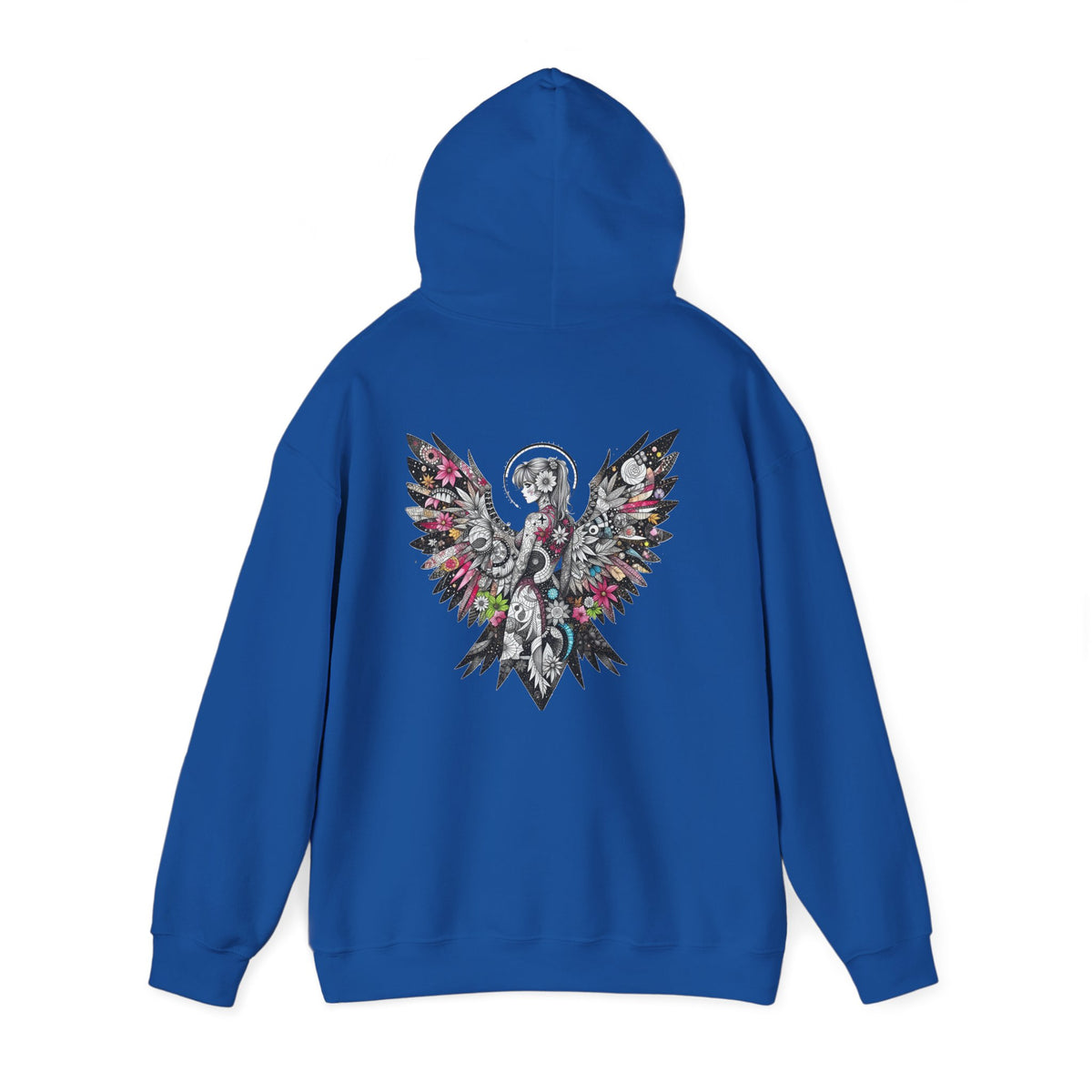 Angel Wings - Floral Skull Raven Hoodie — Gothic Boho Wings Pullover Front and Back Graphic - Marijuana Widow