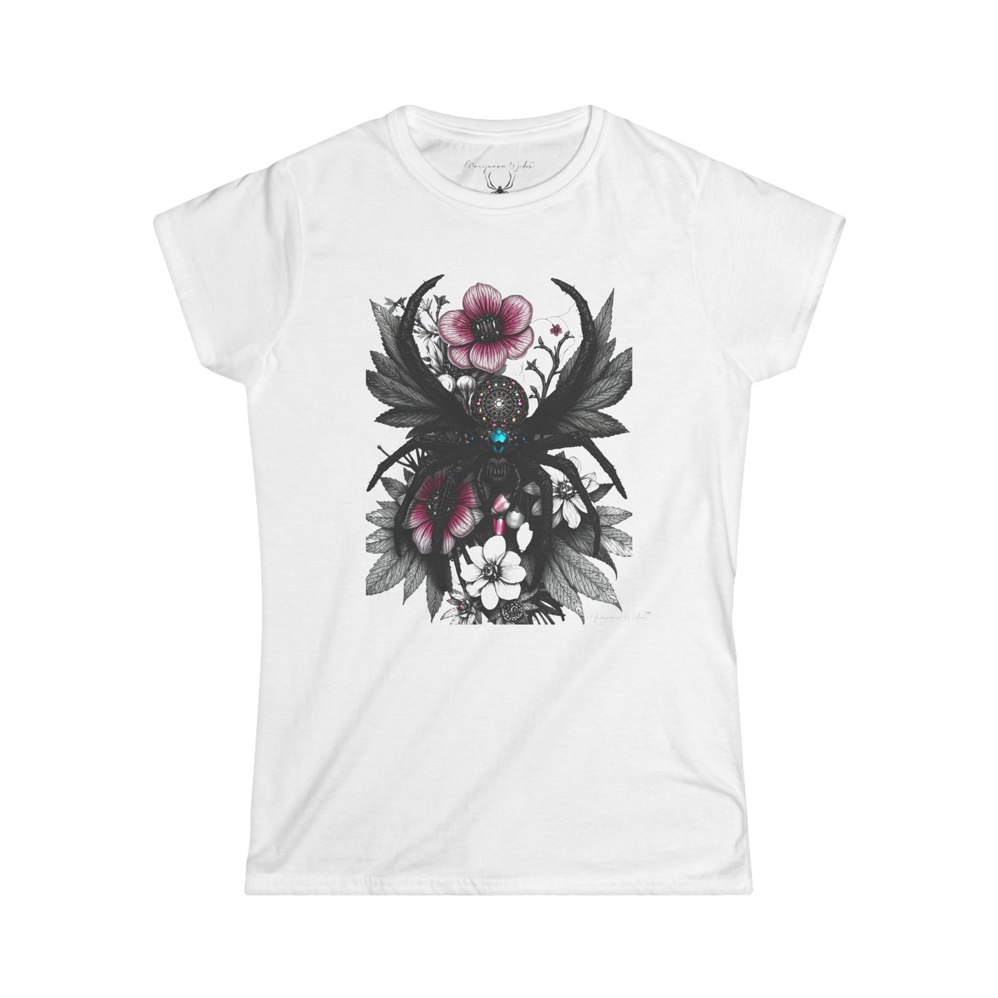 Bejeweled Black Widow Spider - Floral Leaves - Women's Tee