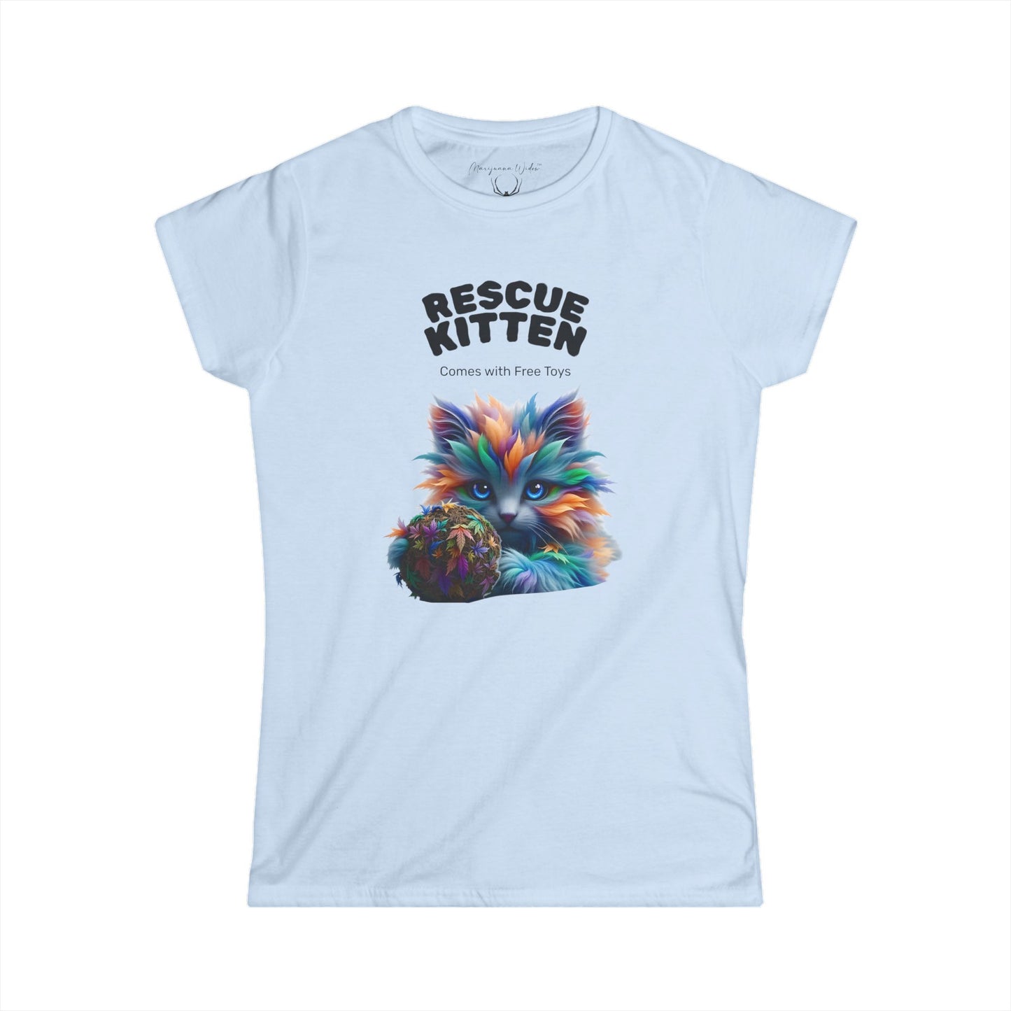 Rescue Kitten Cannabis Tee — Cute Multicolored Fluffy Kitten Holding Toy Ball - Women's Tee