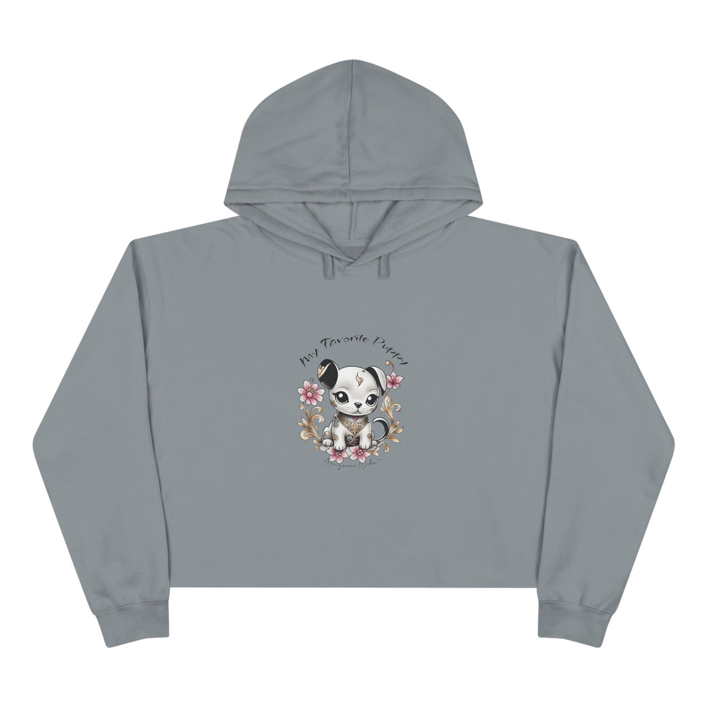 My Favorite Puppy - Crop Hoodie — Cute Kawaii Puppy with Pink Flowers - Women's Crop Hoodie
