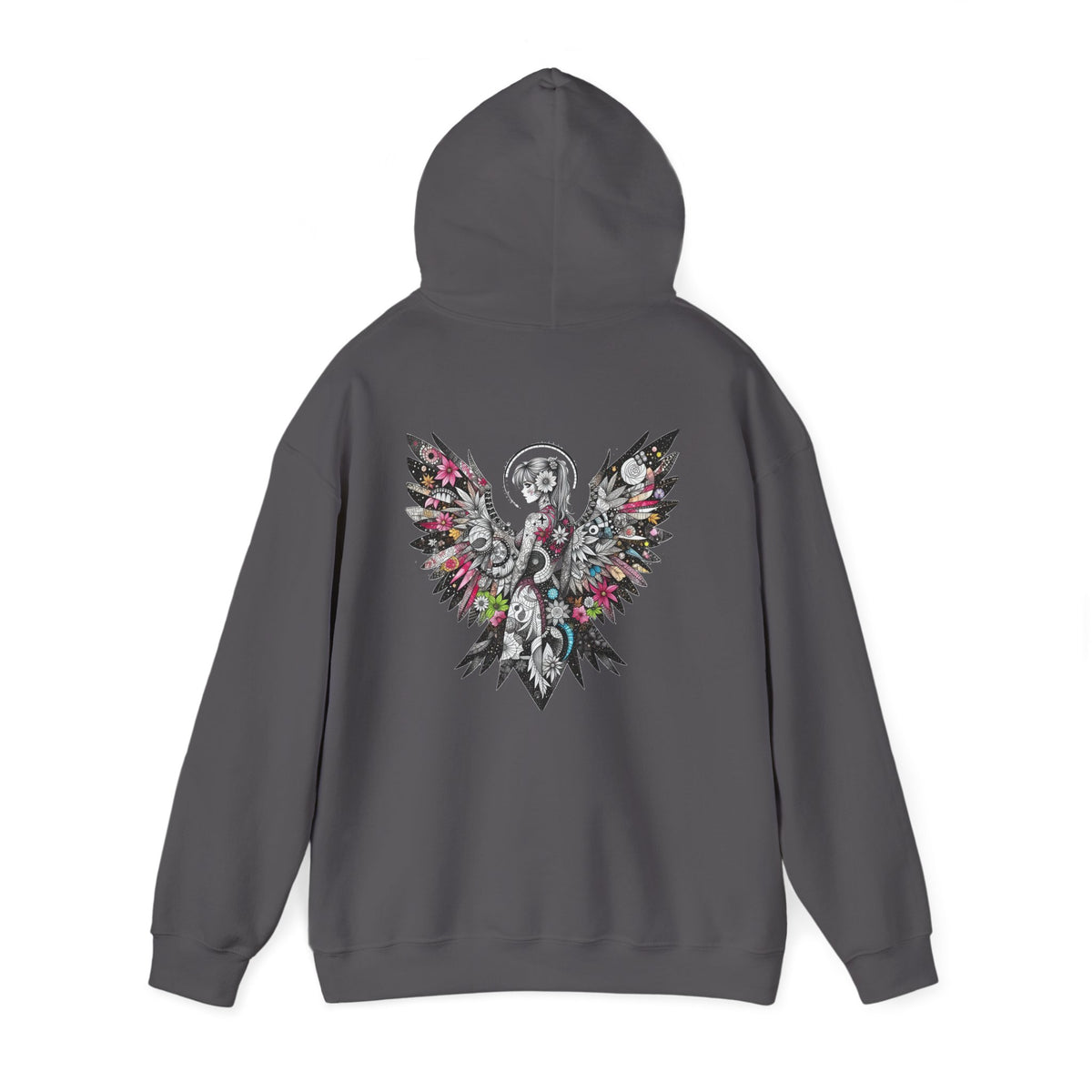 Angel Wings - Floral Skull Raven Hoodie — Gothic Boho Wings Pullover Front and Back Graphic - Marijuana Widow