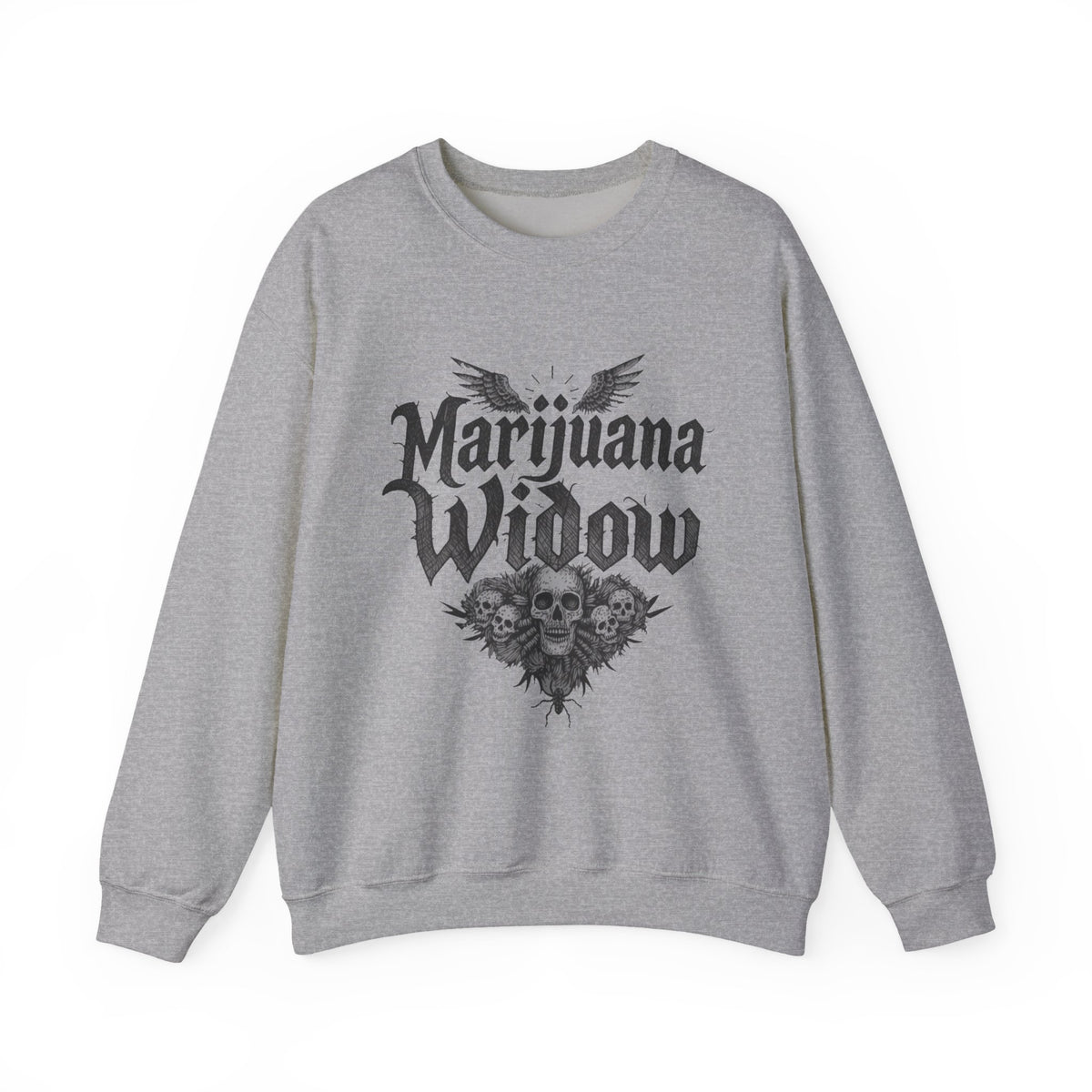 Marijuana Widow Gothic Angel Wings Sweatshirt - Wings Skulls Graphic Front and Back - Marijuana Widow