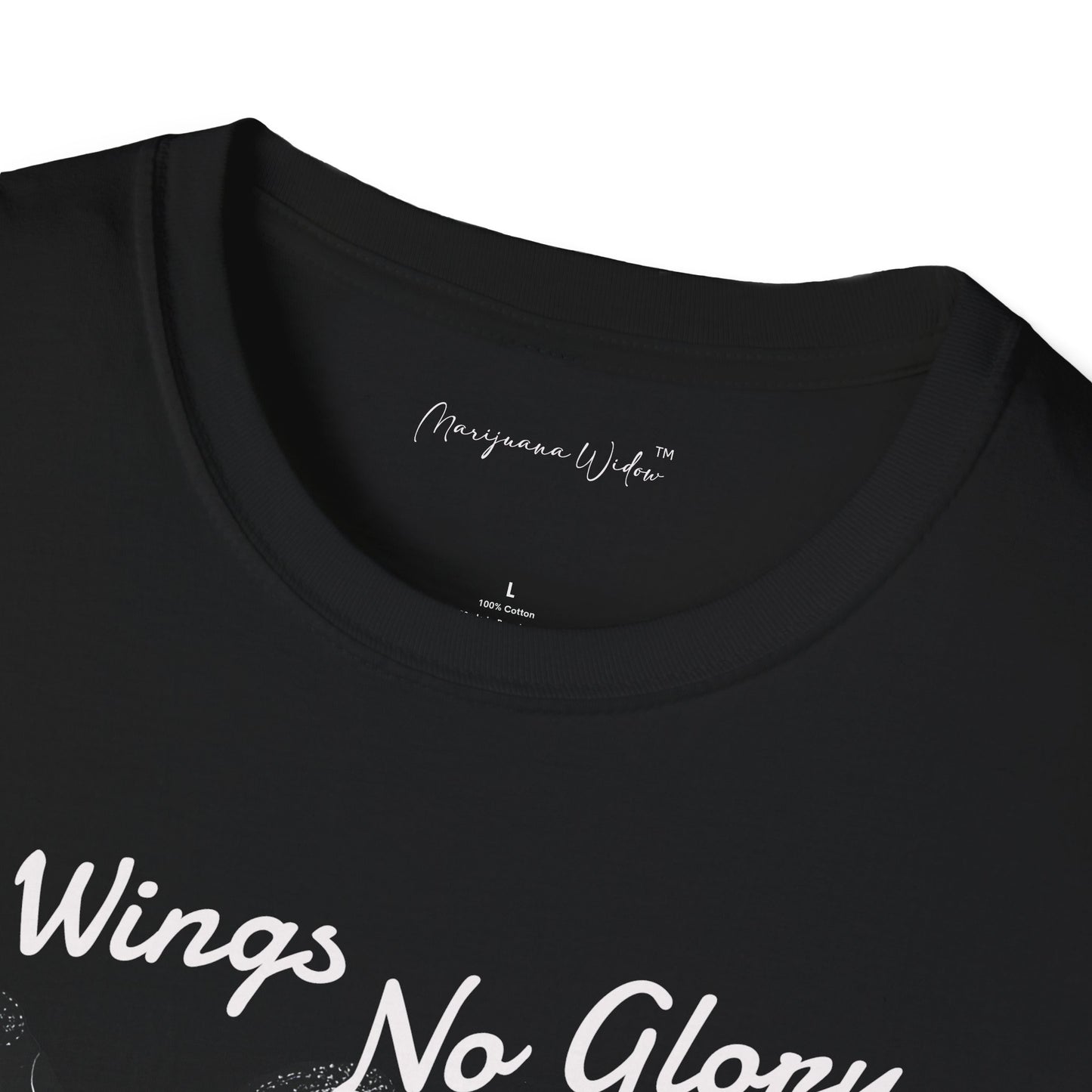 Angel Swordstress T-Shirt — No Wings, No Glory - Gothic Winged Angel Design with Pink Floral Accents - Unisex T-shirt
