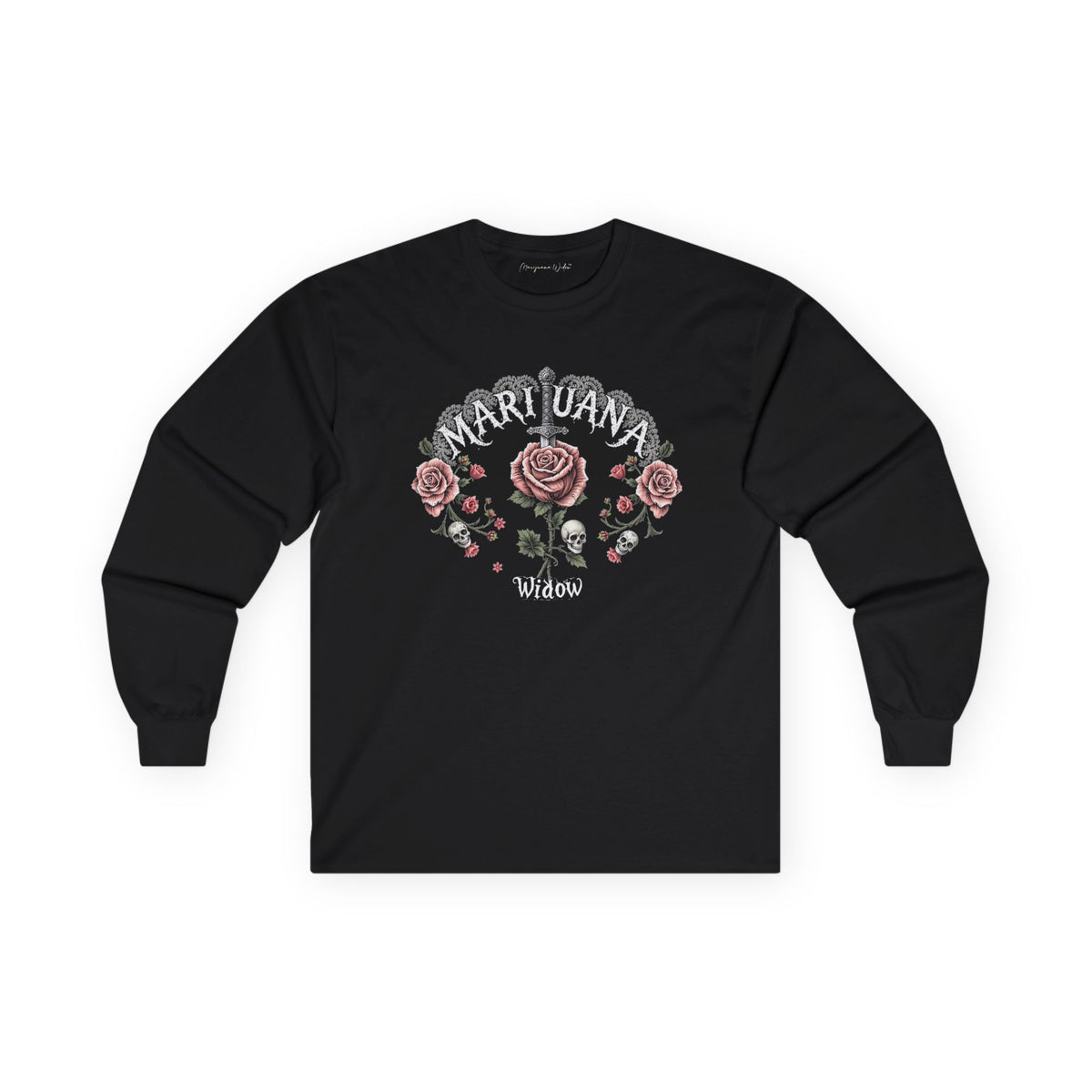 Knives and Roses Petal Pink Long Sleeve Tee — Pink Roses and Skulls with Sword Graphic - Marijuana Widow