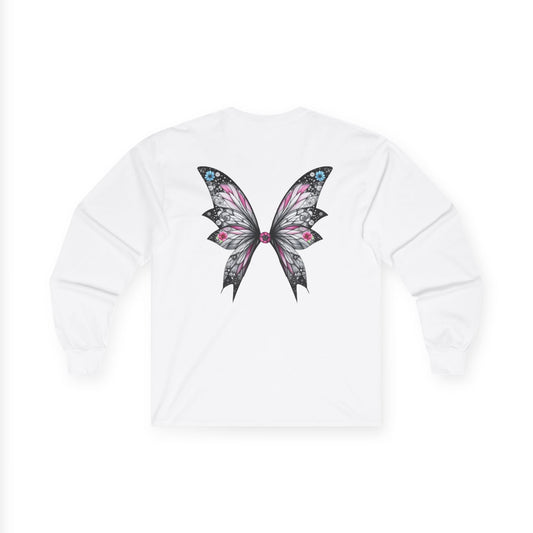 Wing and a Prayer - Fairy Butterfly Wings Long Sleeve Tee — Floral Gothic Butterfly Graphic