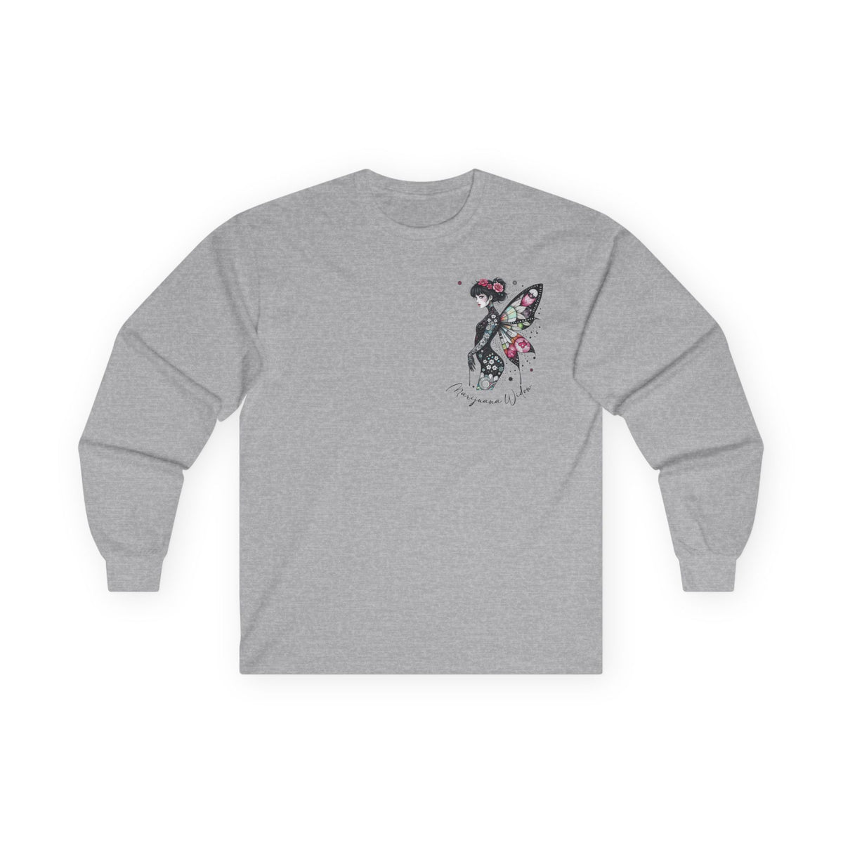 Dripping Ink - Fairy Butterfly Floral Long Sleeve Tee — Watercolor Wings - Front & Back Print Unisex Tee - Marijuana Widow