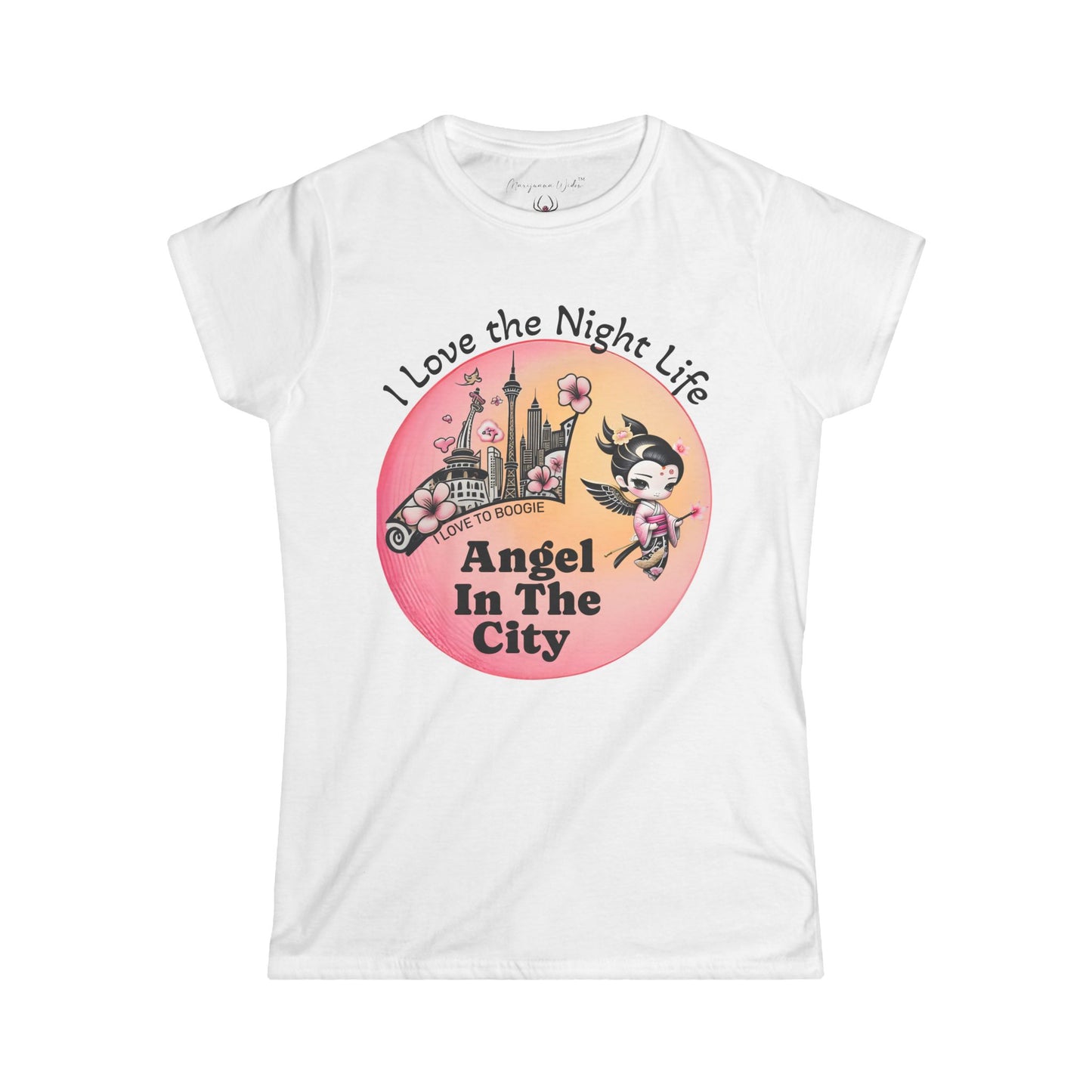 Geisha Angel in the City Women's Tee — I Love the Night Life — Cherry Blossom Pink Moon