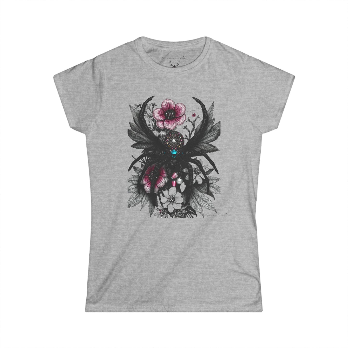 Bejeweled Black Widow Spider - Floral Leaves - Women's Tee