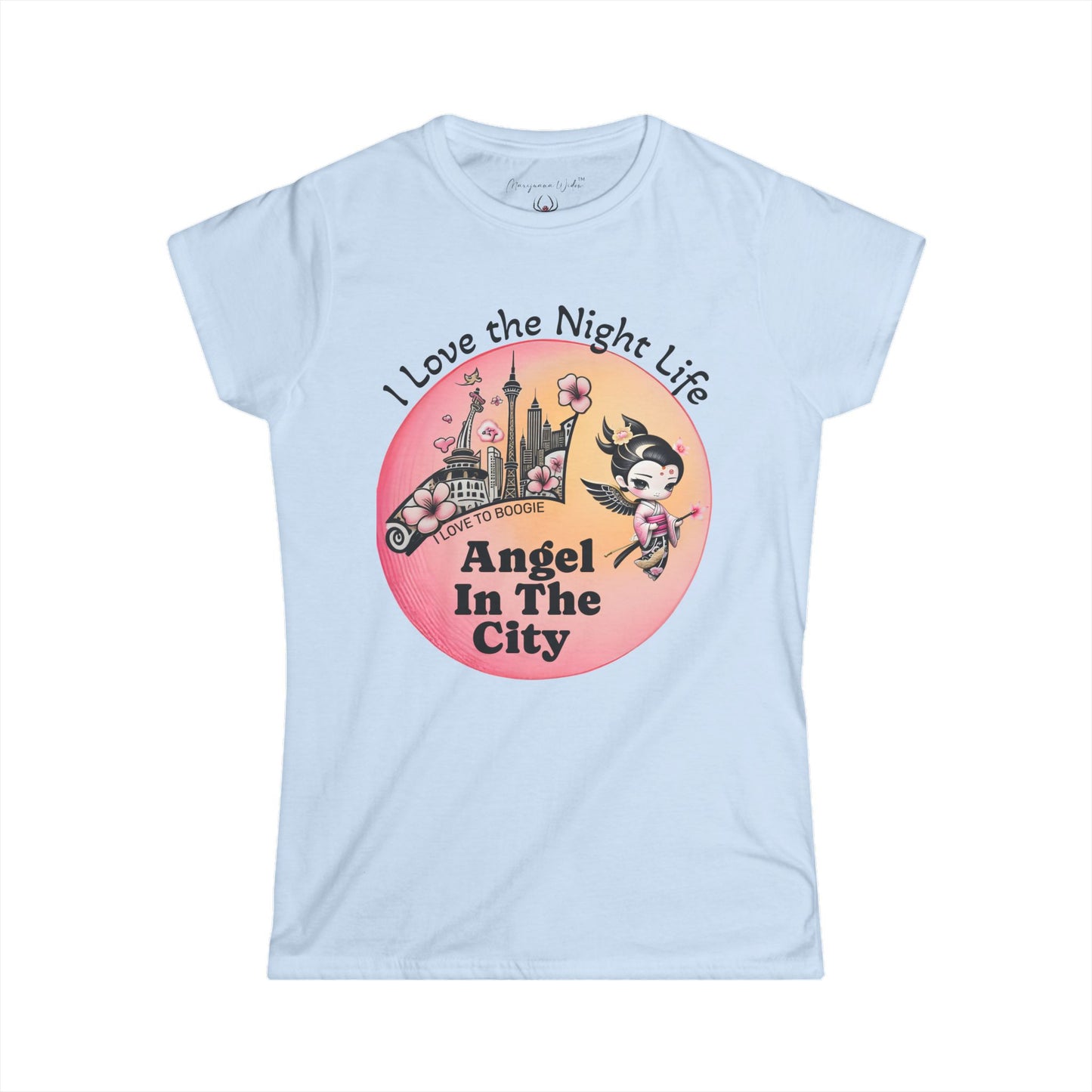 Geisha Angel in the City Women's Tee — I Love the Night Life — Cherry Blossom Pink Moon