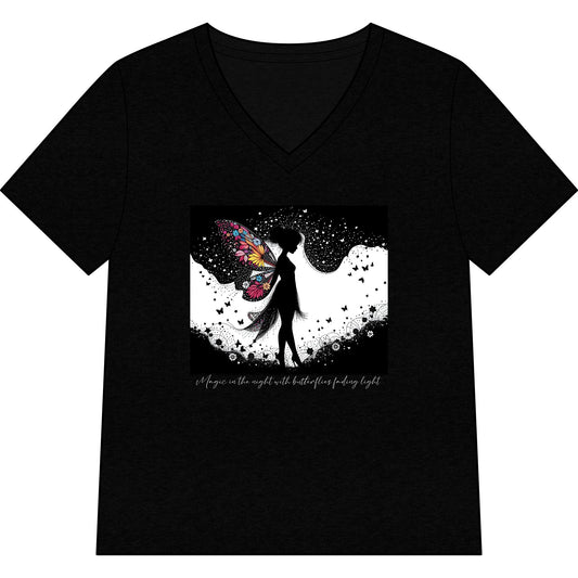 Fairy Dance with Butterflies at Night - V-Neck Tee for Women