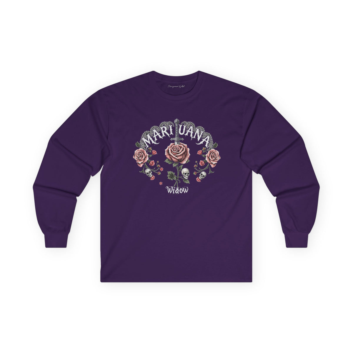 Knives and Roses Petal Pink Long Sleeve Tee — Pink Roses and Skulls with Sword Graphic - Marijuana Widow