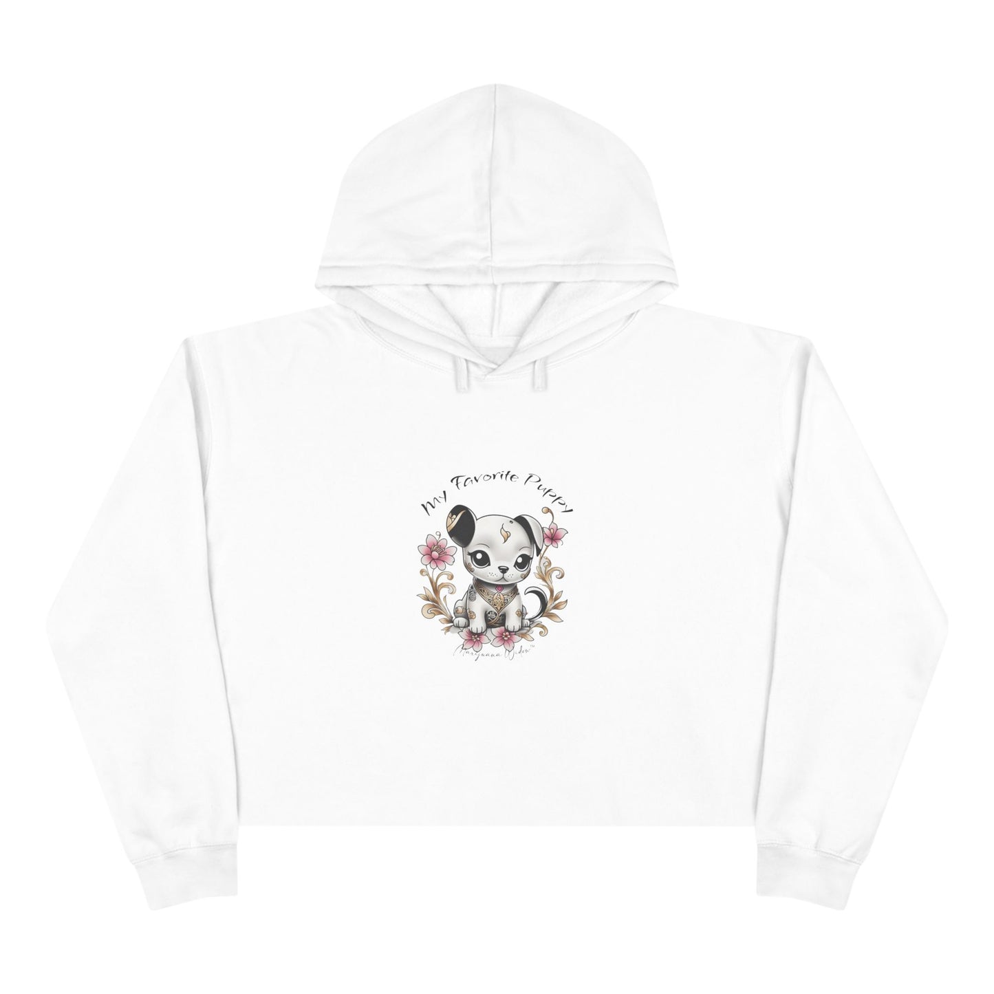 My Favorite Puppy - Crop Hoodie — Cute Kawaii Puppy with Pink Flowers - Women's Crop Hoodie