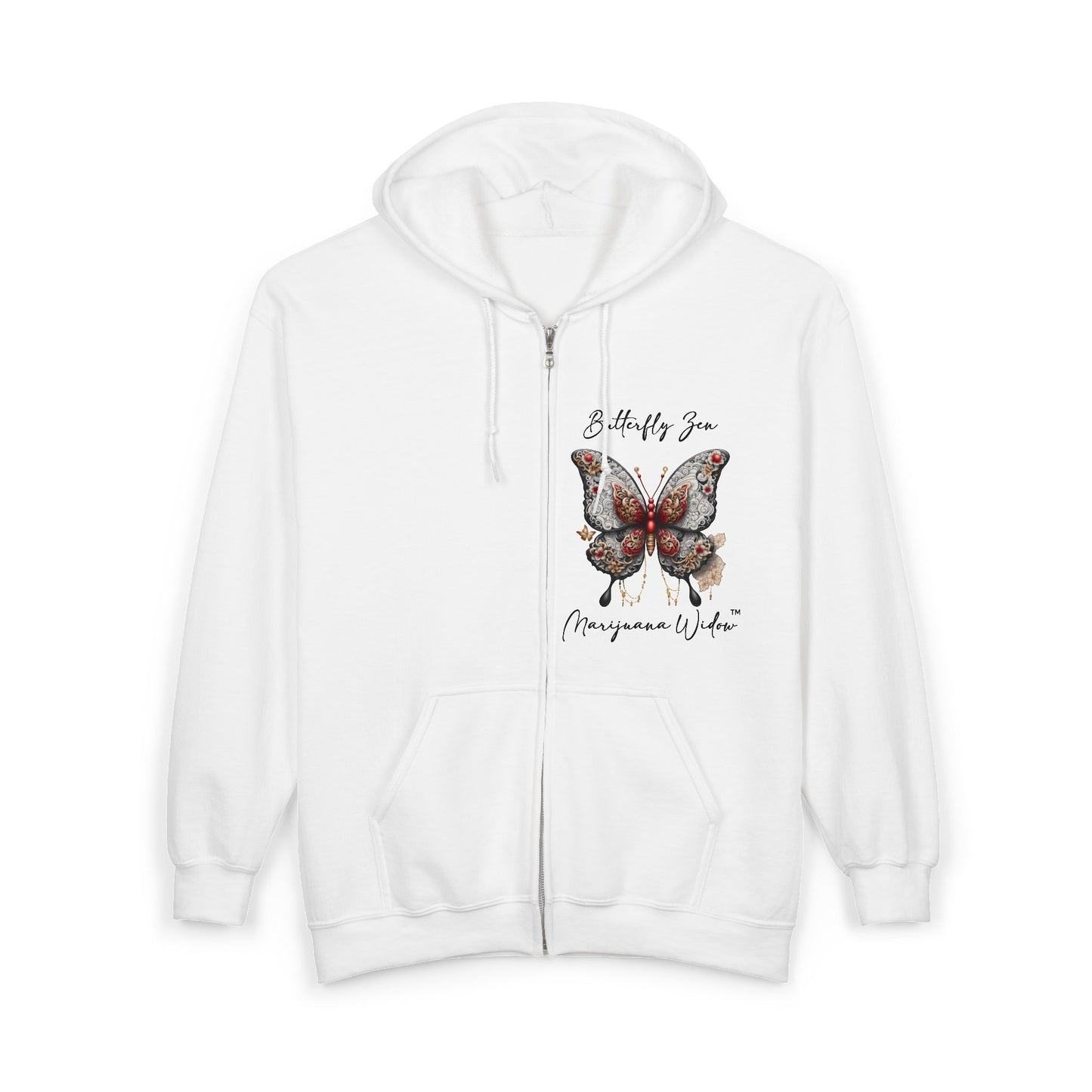 Zen Destiny - Moon & Butterfly Zip Hoodie — Japanese-Inspired Crescent Moon Graphic Zip-Up Unisex Sweatshirt