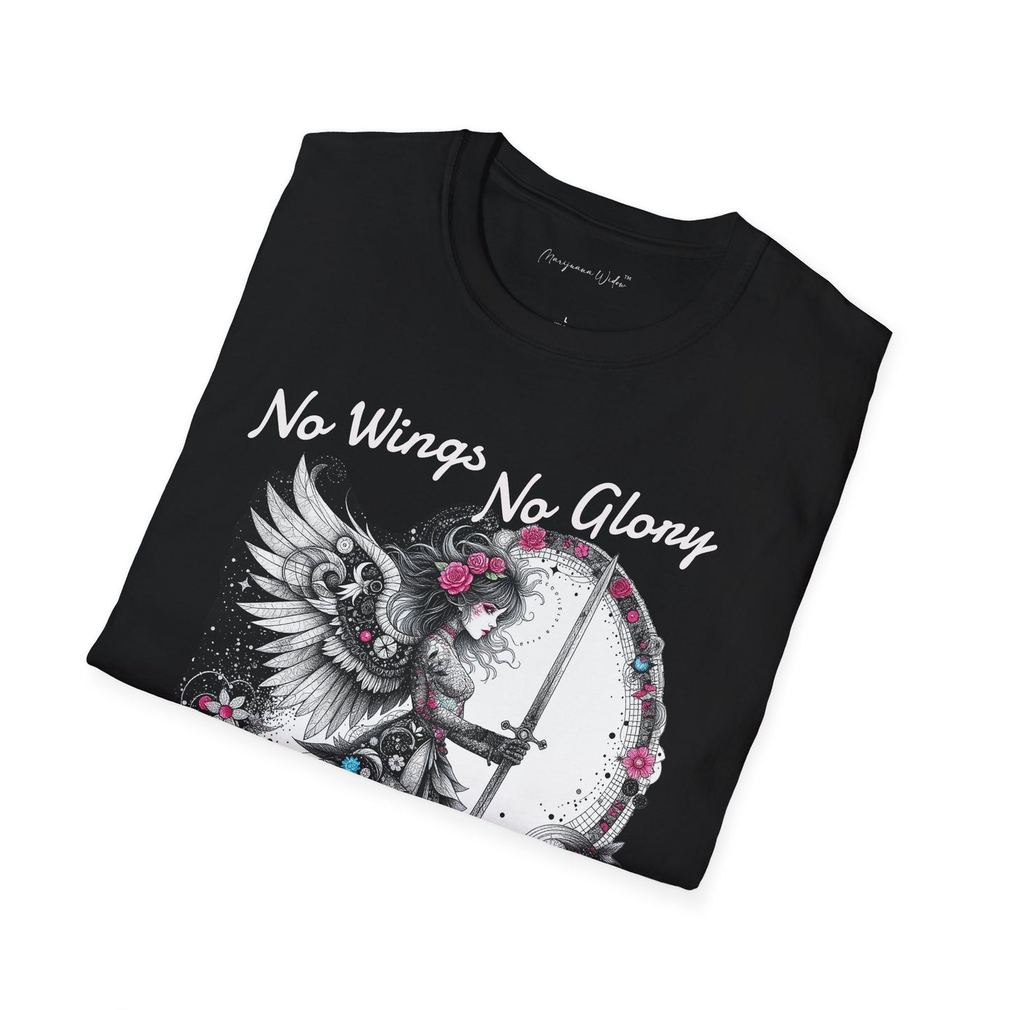 Angel Swordstress T-Shirt — No Wings, No Glory - Gothic Winged Angel Design with Pink Floral Accents - Unisex T-shirt