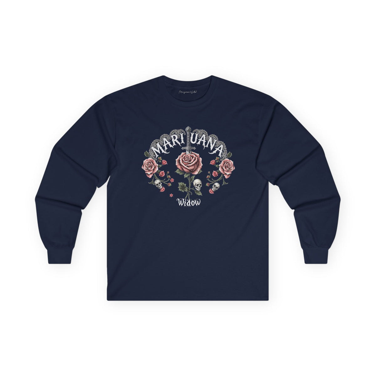 Knives and Roses Petal Pink Long Sleeve Tee — Pink Roses and Skulls with Sword Graphic - Marijuana Widow