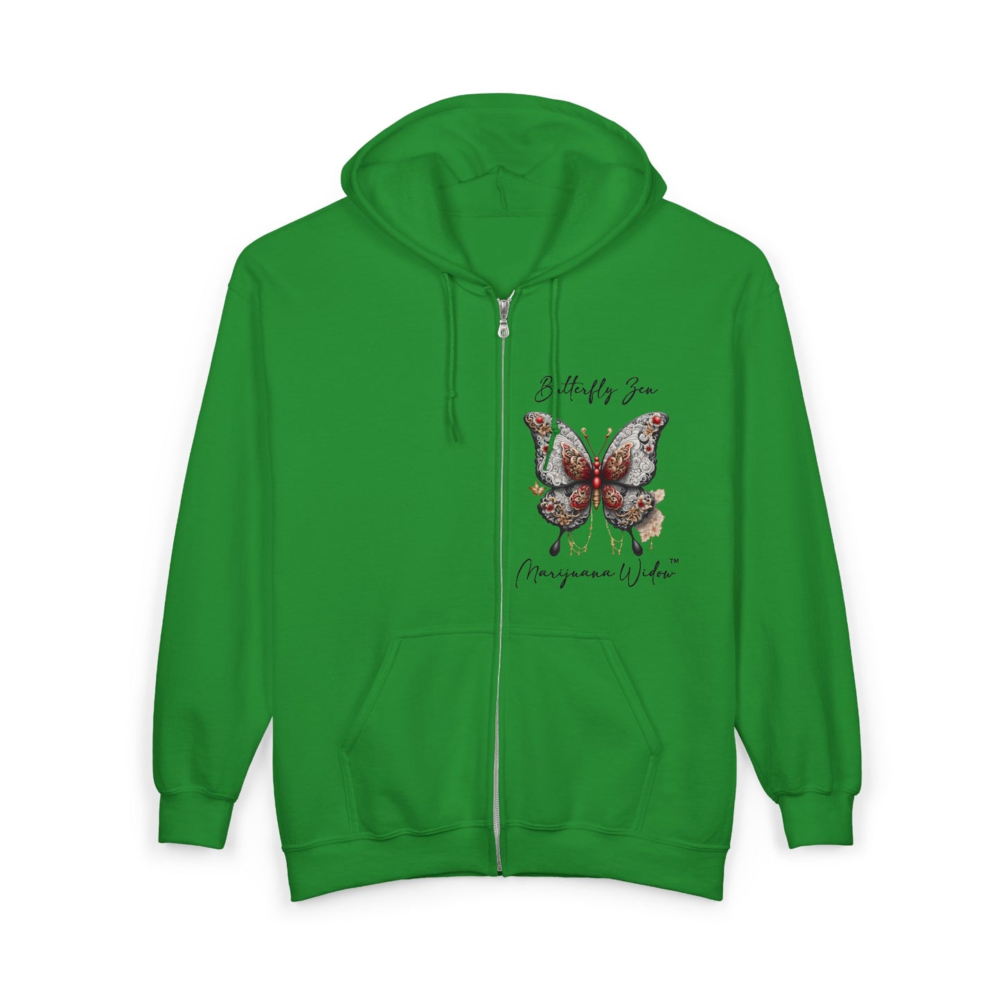 Zen Destiny - Moon & Butterfly Zip Hoodie — Japanese-Inspired Crescent Moon Graphic Zip-Up Unisex Sweatshirt