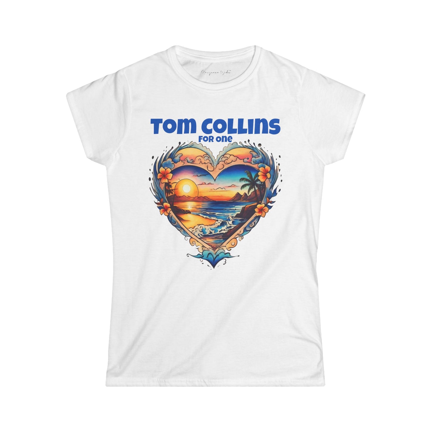 Tom Collins For One - Sunset Heart Women's T‑Shirt — Tropical Beach Graphic Tee