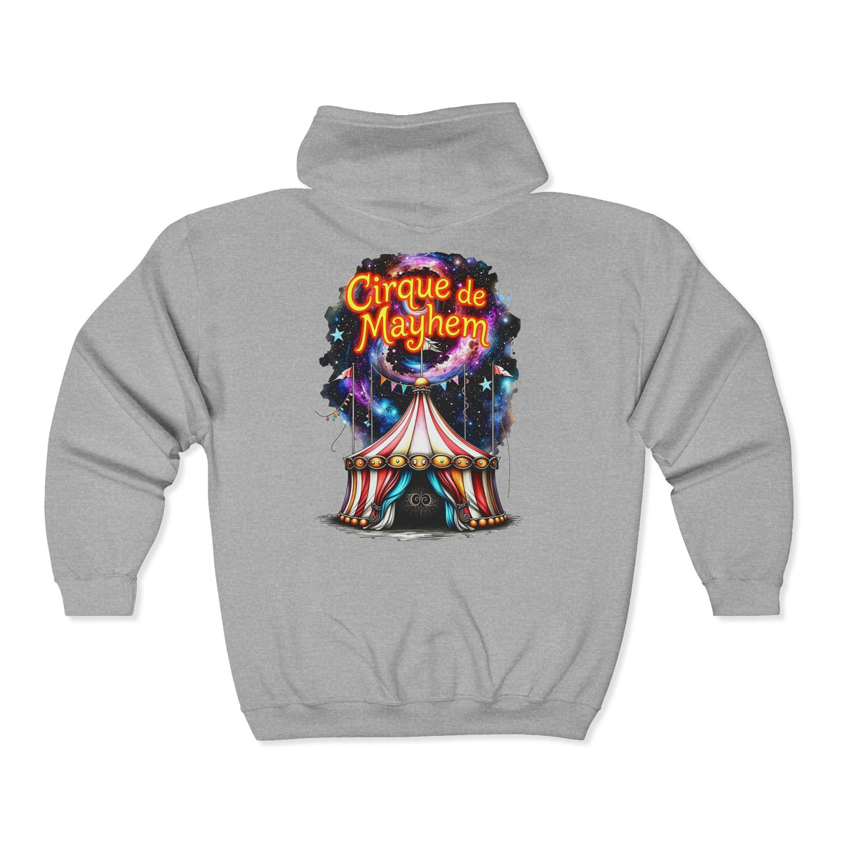 "Cirque de Mayhem" Zip Hoodie — Vintage Carnival Tent & Fairy Illustration - Front and Back Graphic - Marijuana Widow