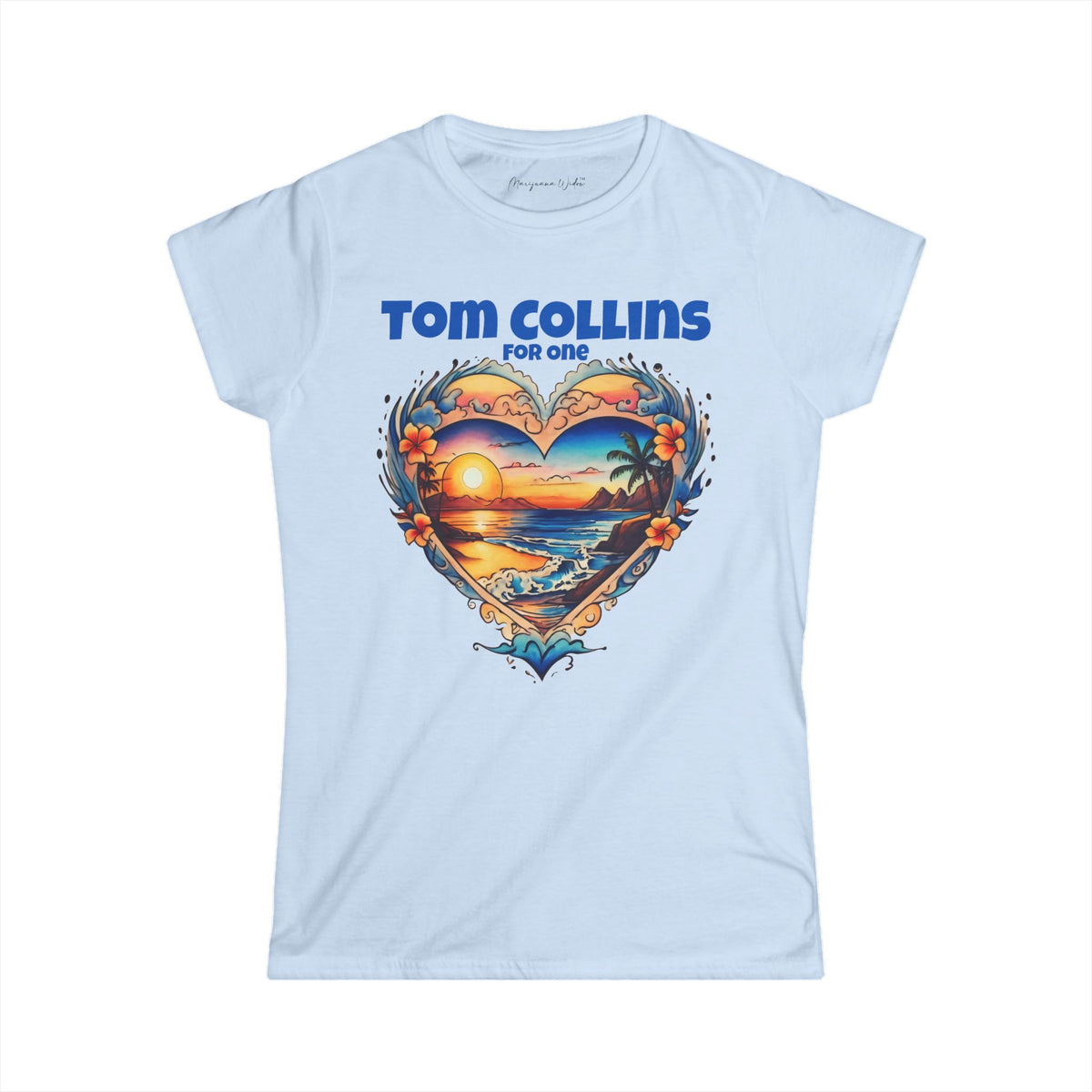 Tom Collins For One - Sunset Heart Women's T‑Shirt — Tropical Beach Graphic Tee - Marijuana Widow