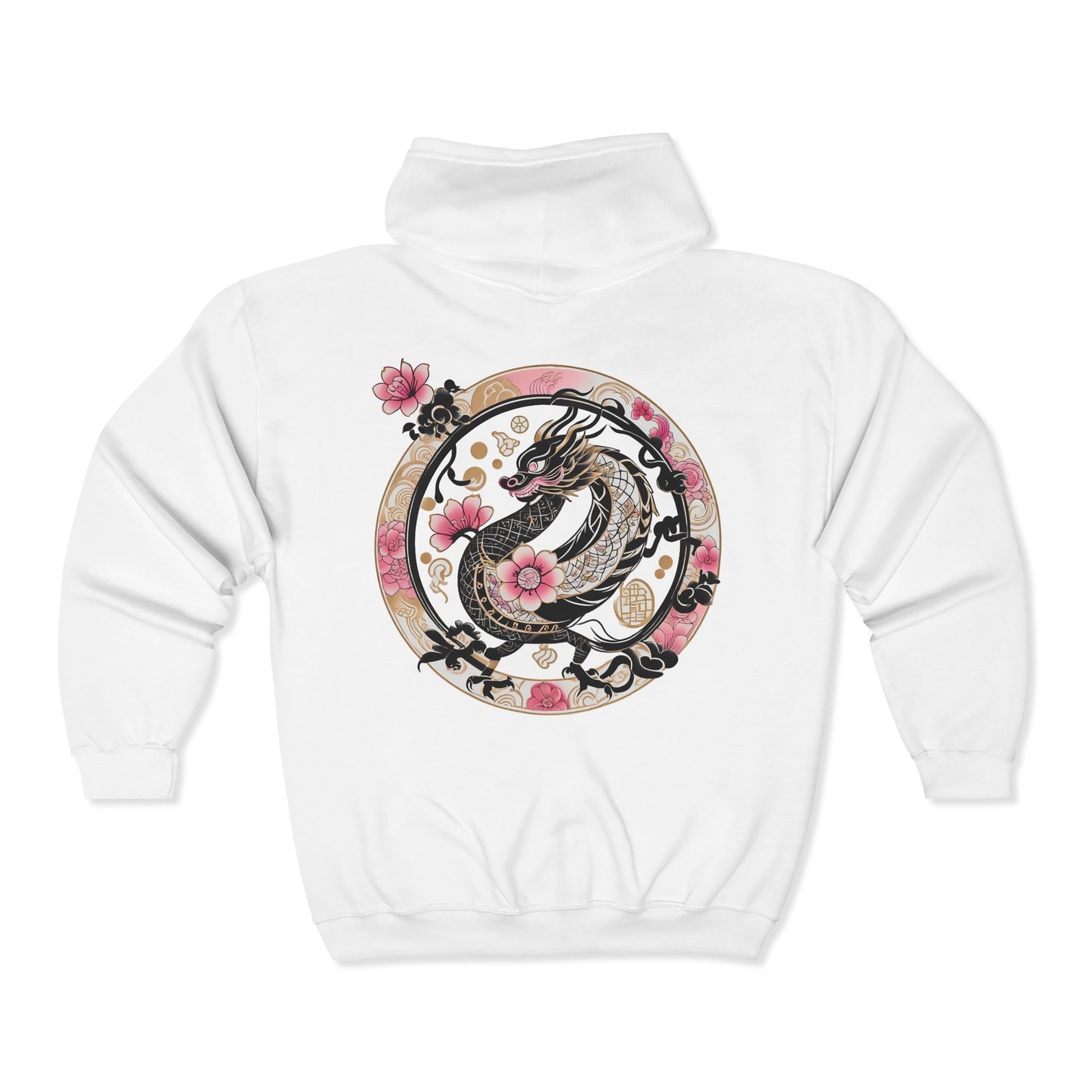 Dragon Sakura Zip Hoodie — Japanese Floral Dragon Full-Zip Unisex Sweatshirt